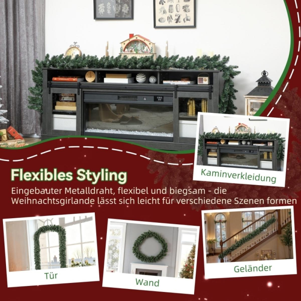 Ein Kamin ist mit Girlanden geschmückt. Andere Bilder zeigen die Girlande an einer Tür, Wand und Treppe. Text: 'Flexibles Styling'.