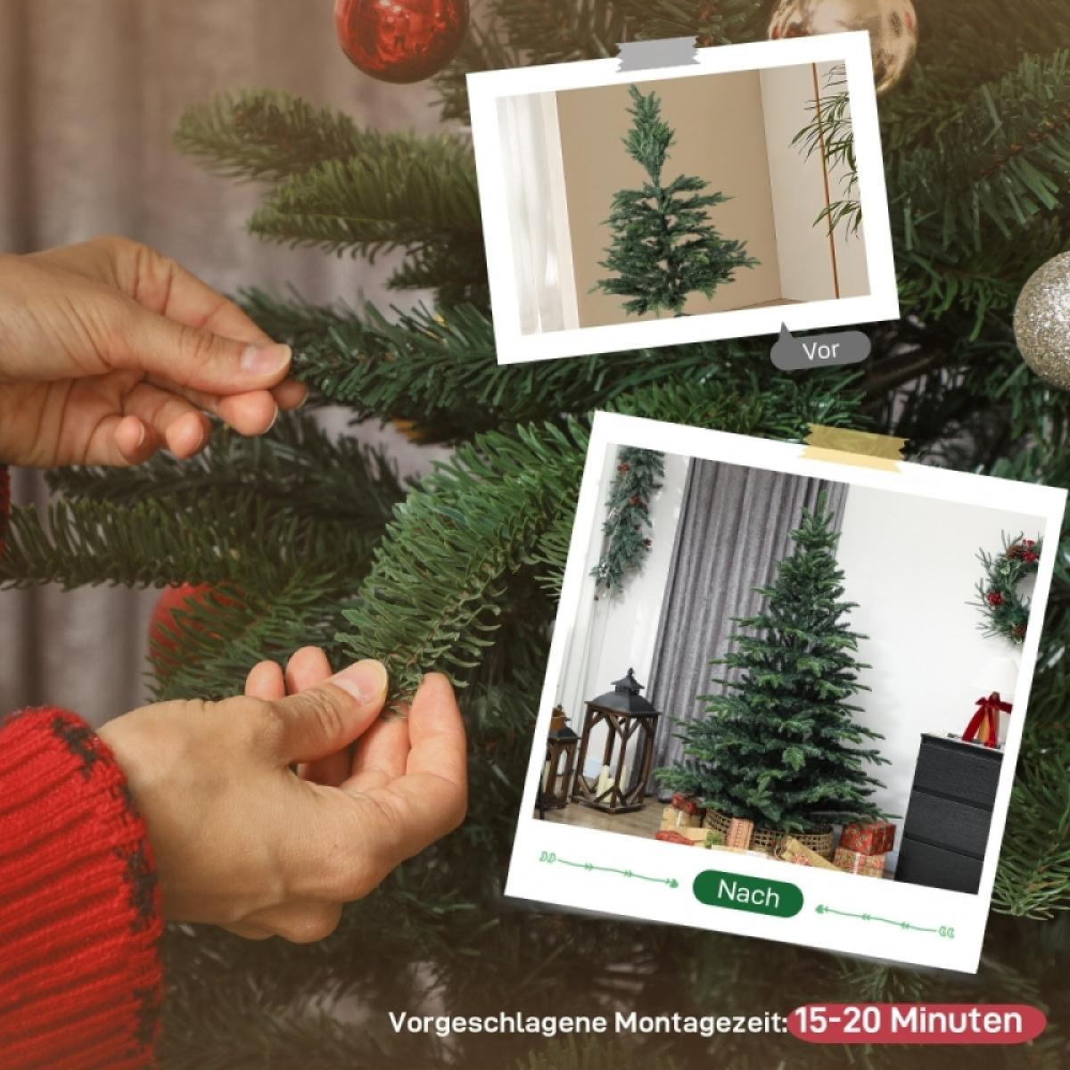 Hände justieren einen grünen Weihnachtsbaum. Bilder zeigen Vorher-Nachher. Dekoelemente: Ornamente und Geschenke. Montagezeit 15-20 Min.