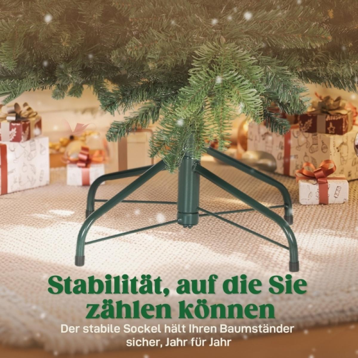 Ein grüner Weihnachtsbaumfuß mit Geschenken drumherum. Der Sockel steht auf einem beigefarbenen Teppich. Text: 'Stabilität, auf die Sie zählen können'.