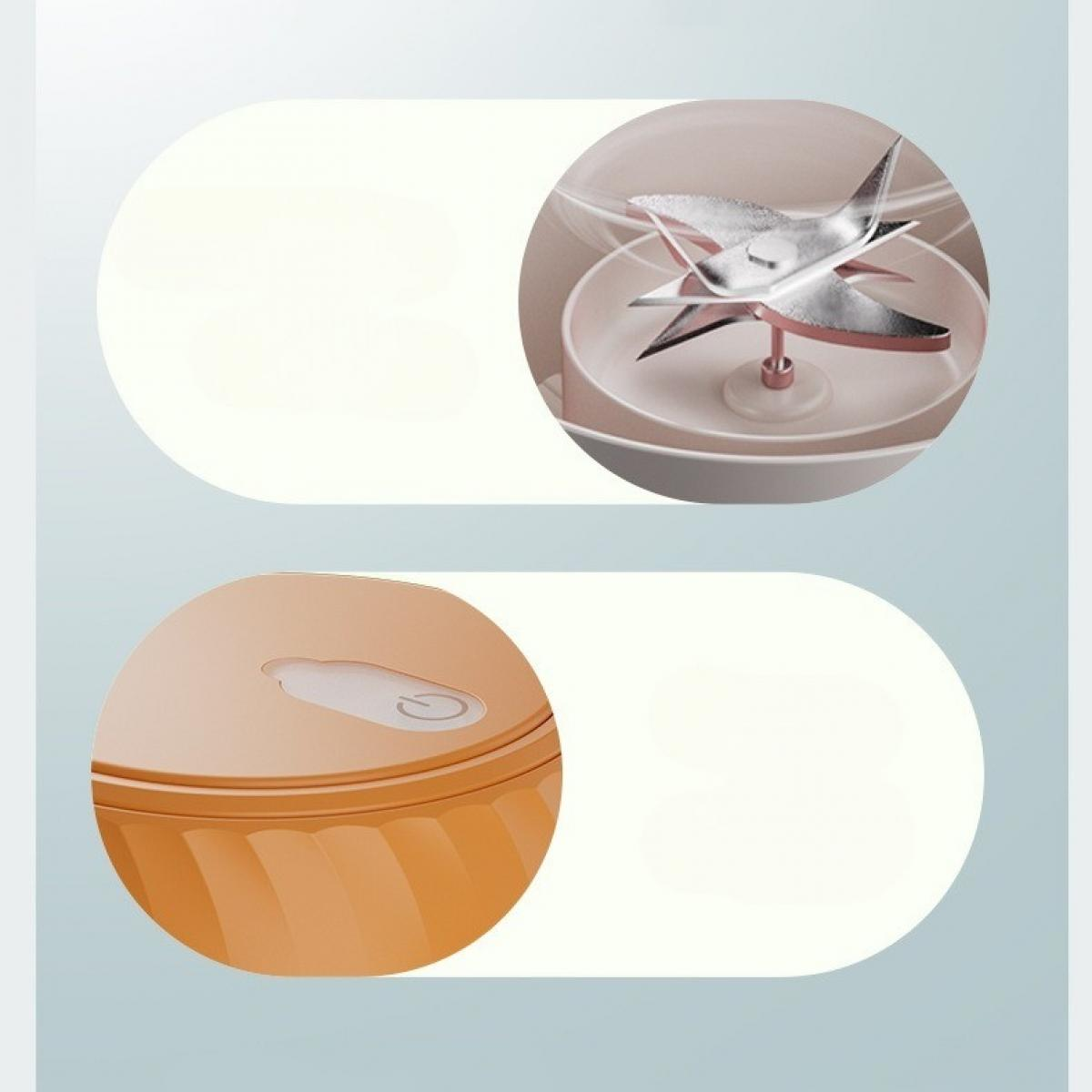 Ein orangefarbener Food-Processor. Der obere Abschnitt zeigt die Klingen. Der untere Abschnitt zeigt die orangefarbene Basis mit einem Netzschalter.