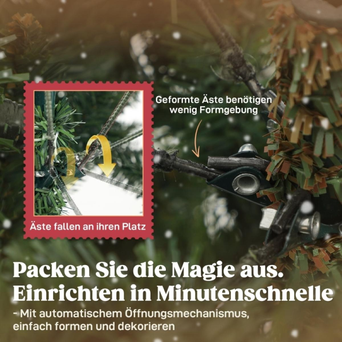 Das Bild zeigt Christbaumzweige mit deutschem Text. Ein gelber Pfeil zeigt auf einen Zweig. Der Text erklärt den Aufbauprozess.