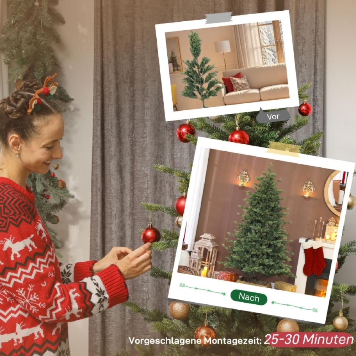 Eine Frau schmückt einen Weihnachtsbaum, trägt ein Rentiergeweih-Stirnband und einen roten Pullover. Der Baum hat rote Ornamente.