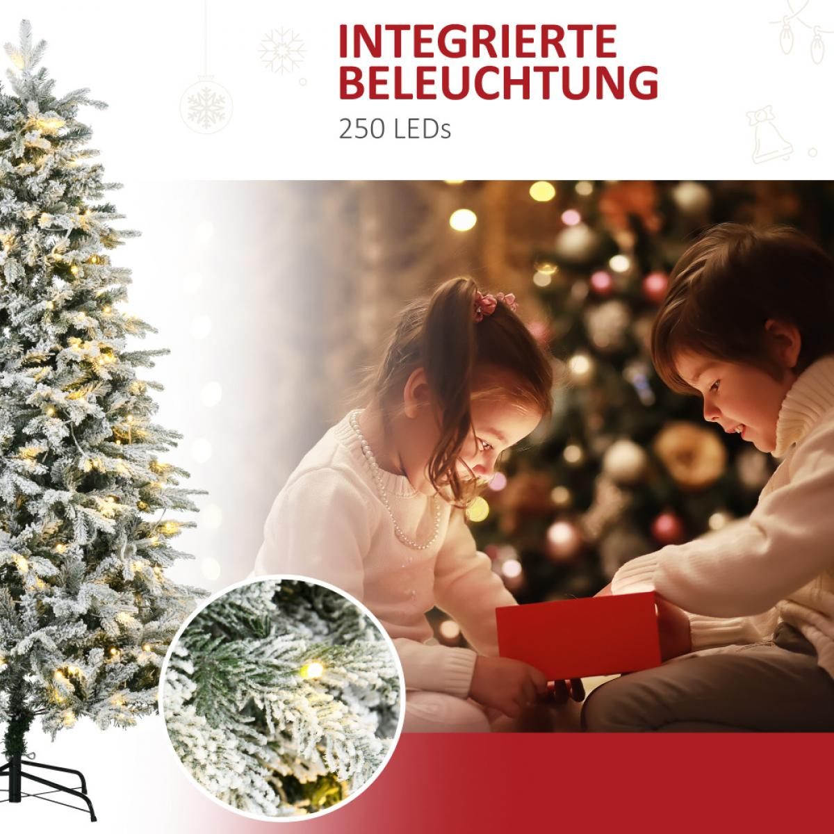 Zwei Kinder öffnen eine rote Geschenkbox in der Nähe eines Weihnachtsbaums. Der Baum ist mit Lichtern geschmückt.