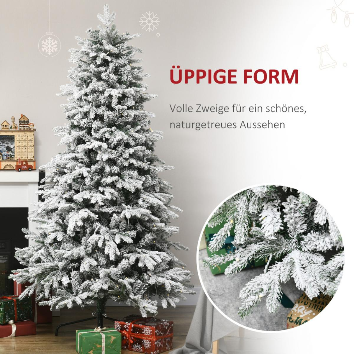 Ein schneebedeckter Weihnachtsbaum mit Geschenken an der Basis. Text sagt 'ÜPPIGE FORM'. Kreisförmiges Bild zeigt Baumdetails.