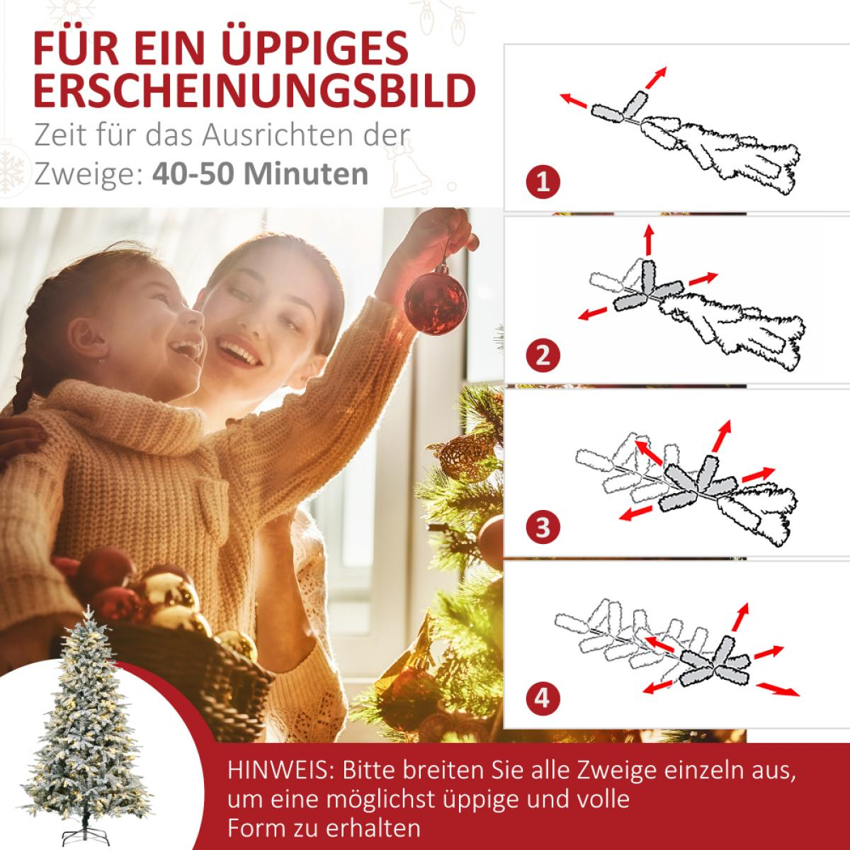 Eine Frau und ein Mädchen schmücken einen Weihnachtsbaum. Schritt-für-Schritt-Anleitungen werden gezeigt. Der Baum ist links.