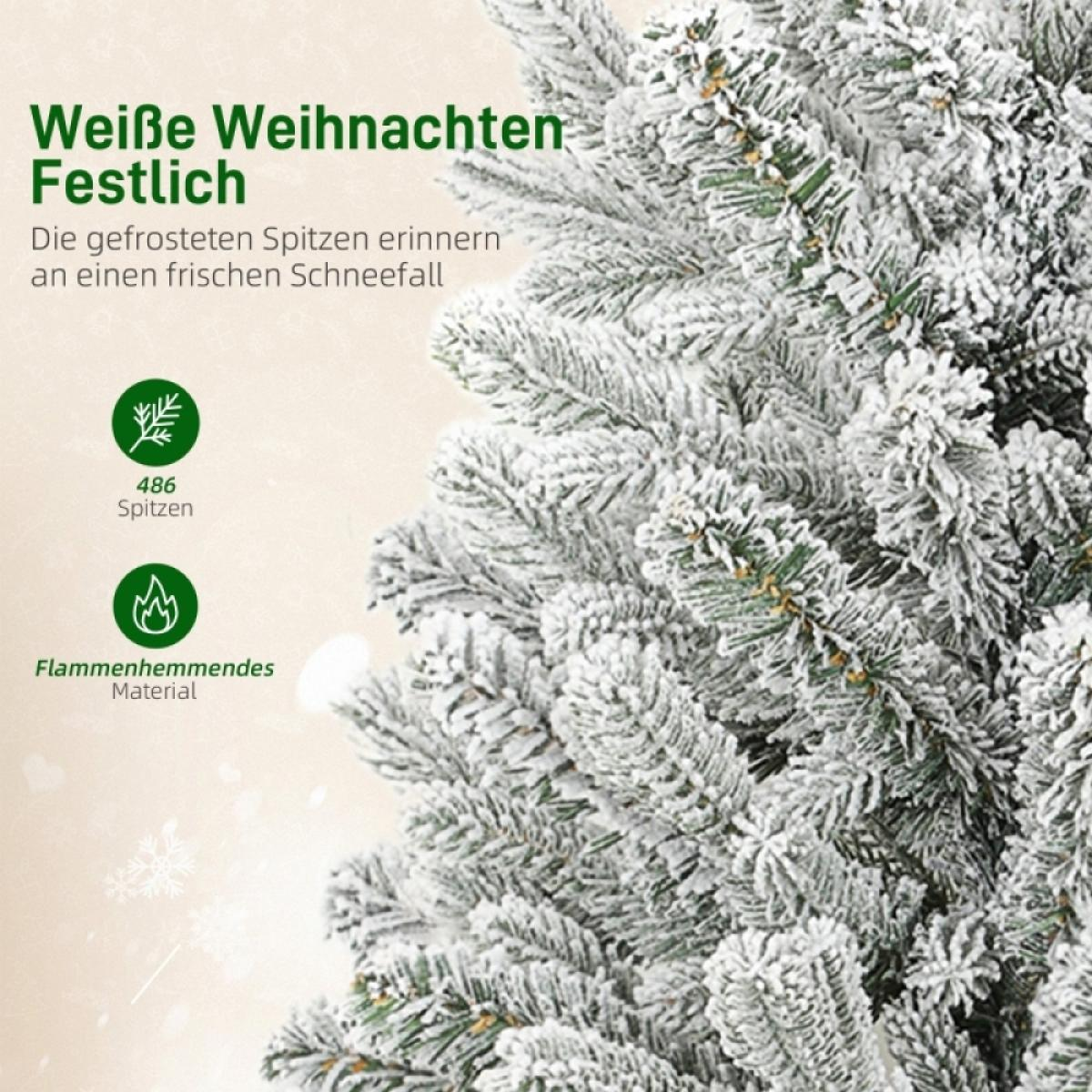 Nahaufnahme eines schneebedeckten Weihnachtsbaums mit deutschem Text. Der Text enthält 'Weiße Weihnachten Festlich' und weitere Details.