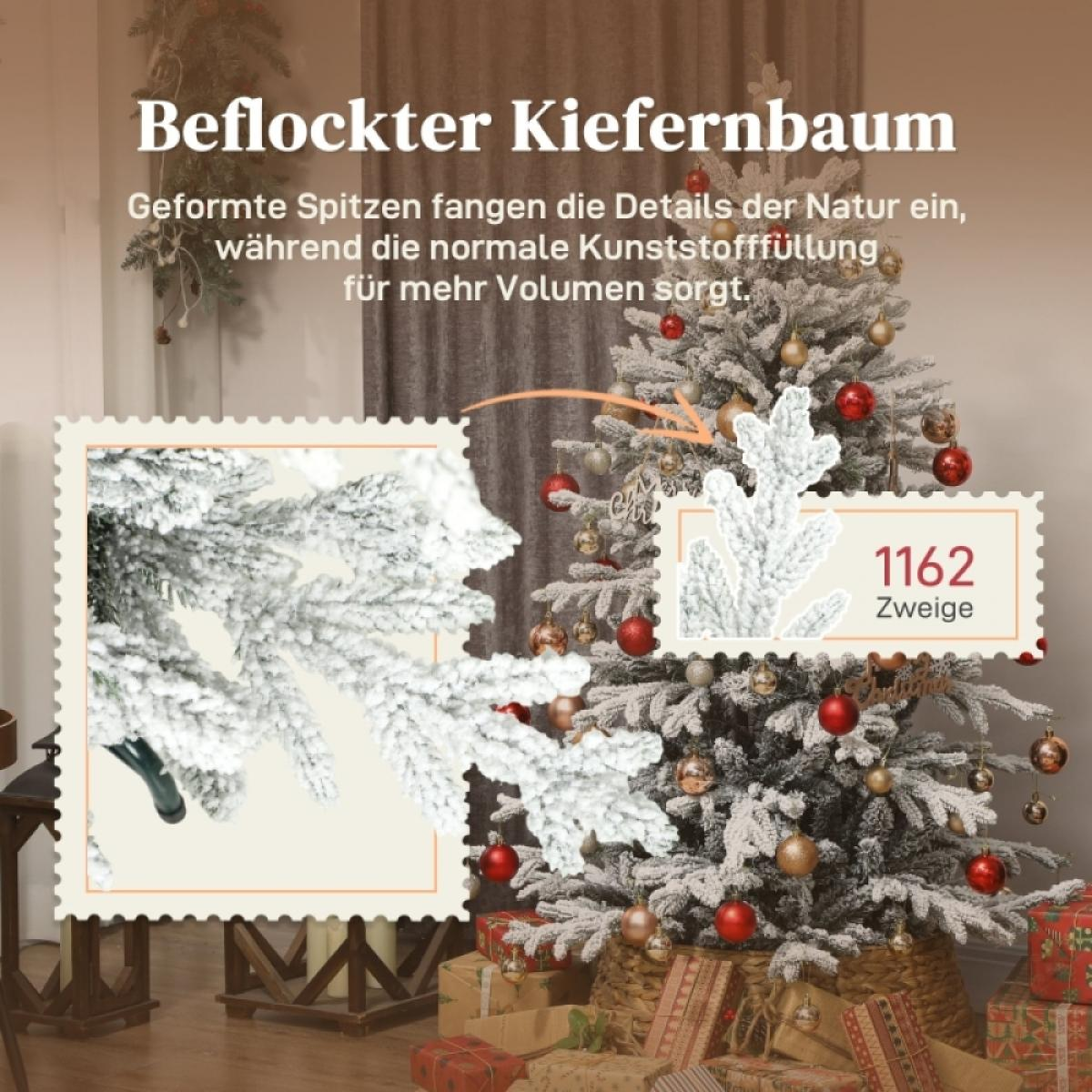 Ein geschmückter Weihnachtsbaum mit Ornamenten und Geschenken. Ein Stempel zeigt einen verschneiten Zweig. Text: 1162 Zweige.