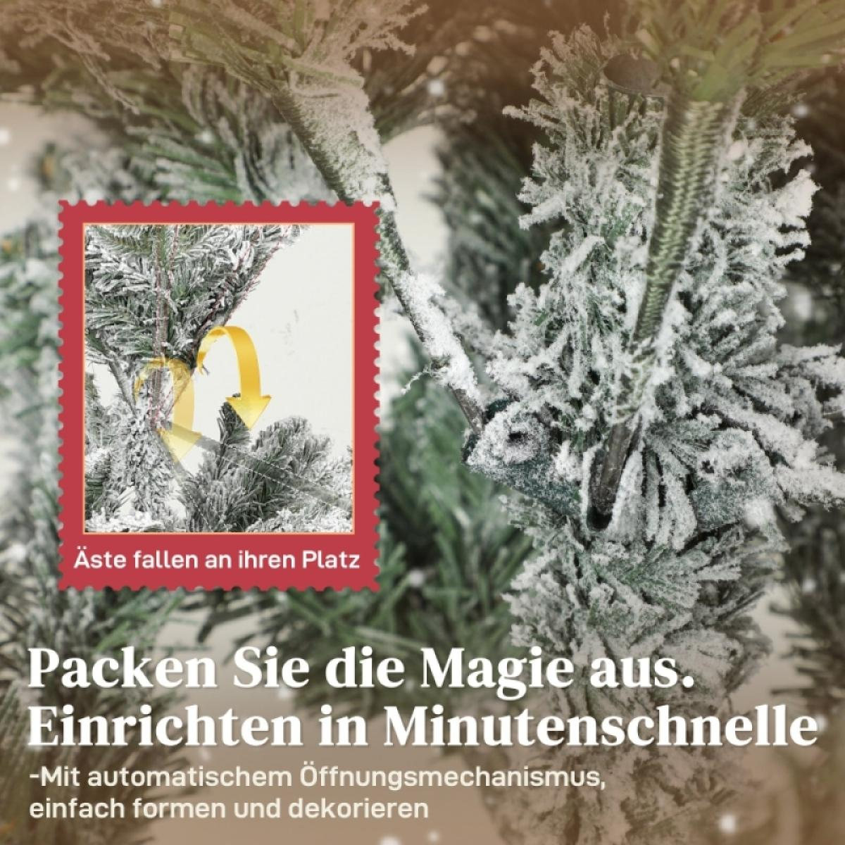 Nahaufnahme eines geschmückten Weihnachtsbaumzweigs mit rotem Rechteck, Text und goldenem Pfeil.