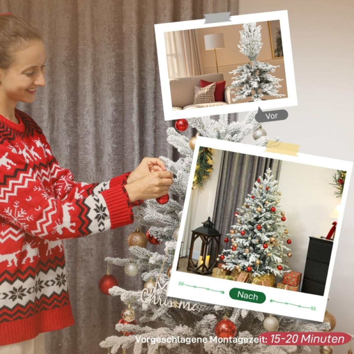 Eine Frau schmückt einen verschneiten Weihnachtsbaum mit roten Ornamenten. Zwei Fotos zeigen den Baum vor und nach der Dekoration.