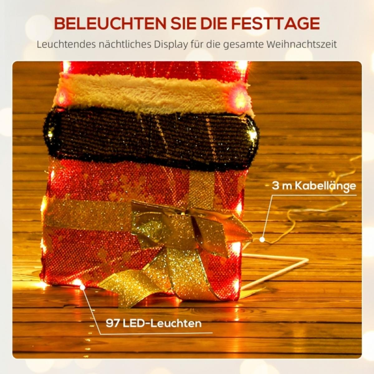 Ein beleuchteter Weihnachtsgeschenkbox, rot, gold und weiß, mit einer goldenen Schleife. Es hat 97 LED-Leuchten und ein 3m Kabel.