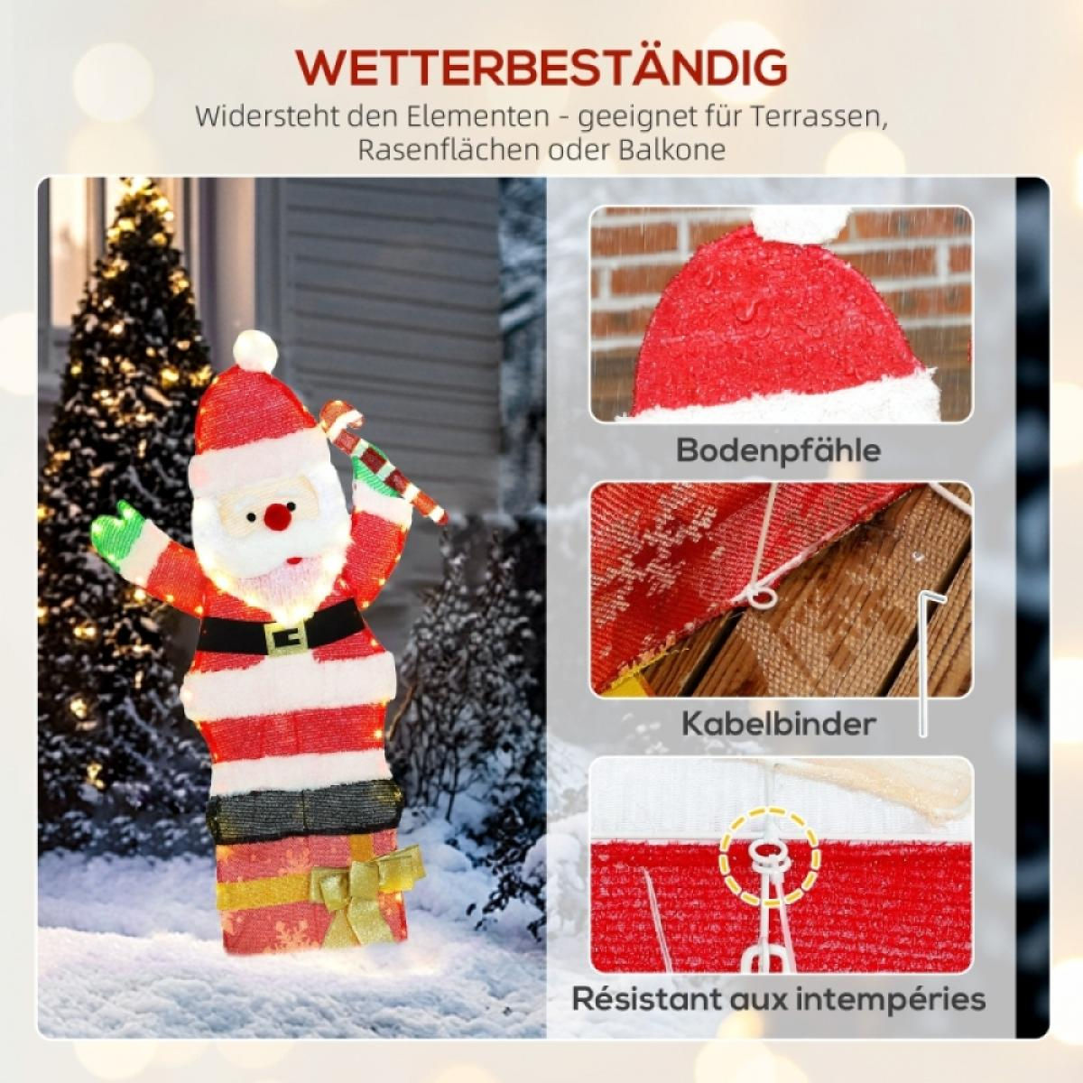 Beleuchtete Weihnachtsmannfigur mit Zuckerstange im Schnee. Text auf Deutsch und Französisch, Produktdetails sind enthalten.