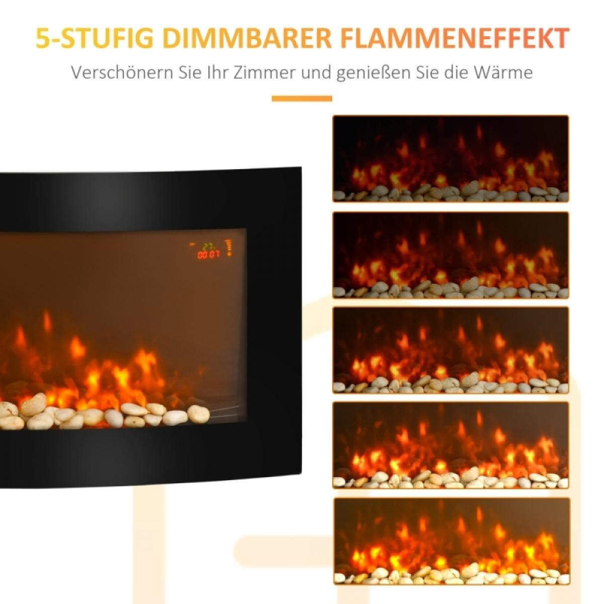 Elektrischer Kamin mit schwarzem Rahmen, der fünf Flammenintensitätsstufen zeigt. Das Feuer ist orange, mit Steinen am Boden.