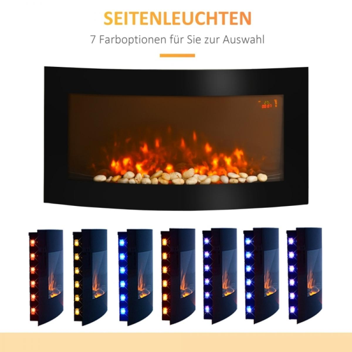 Ein elektrischer Kamin mit mehreren Farboptionen. Oben ist ein Kamin mit Flammen und Steinen, unten die Farboptionen.