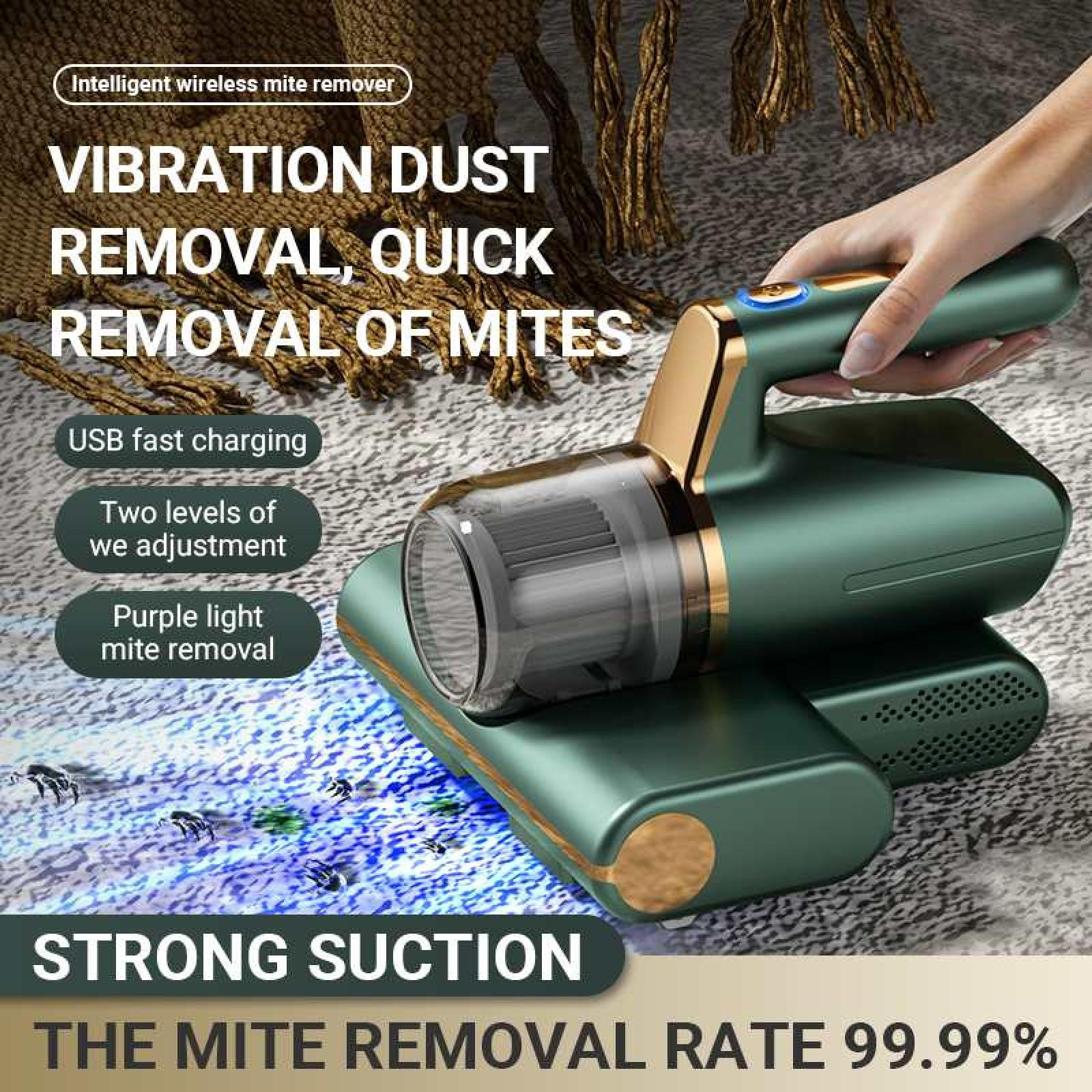 Ein grüner Milbenentferner wird von einer Hand gehalten. Der Text besagt, dass er Milben durch Vibration und starke Saugkraft entfernt.