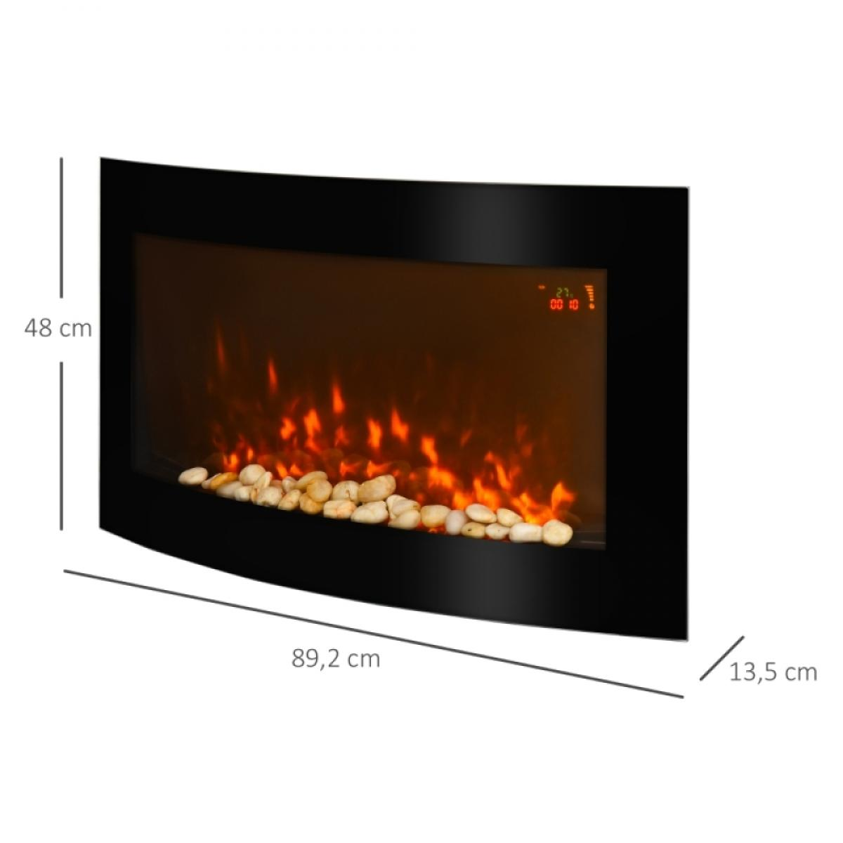 Schwarzer elektrischer Kamin mit künstlichen Flammen und Steinen. Er hat eine Digitalanzeige und die Maße sind angegeben: 89,2 cm x 48 cm x 13,5 cm.
