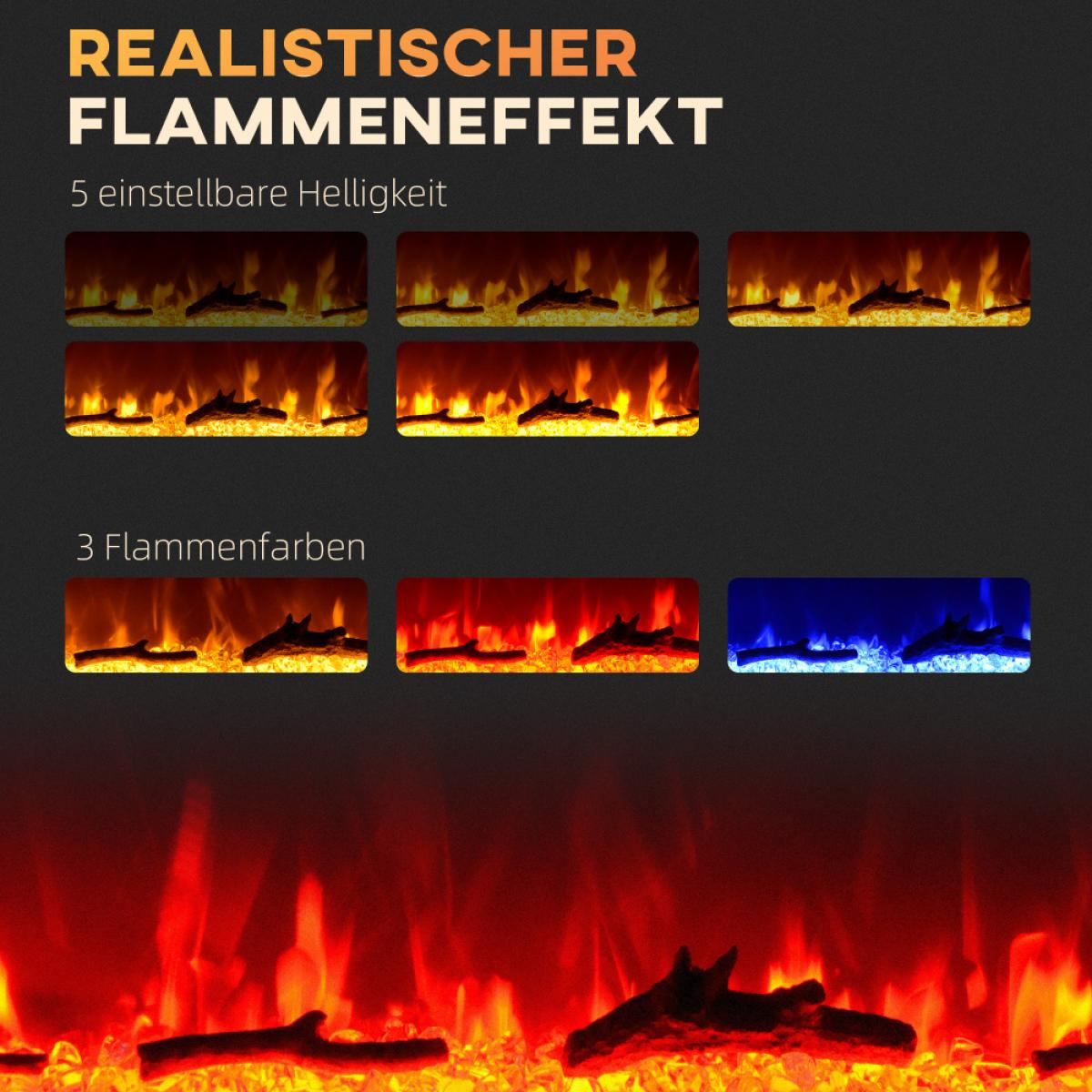 Das Bild zeigt einen Kamineffekt mit einstellbarer Helligkeit und Flammenfarben. Die Anzeige zeigt verschiedene Flammenoptionen.