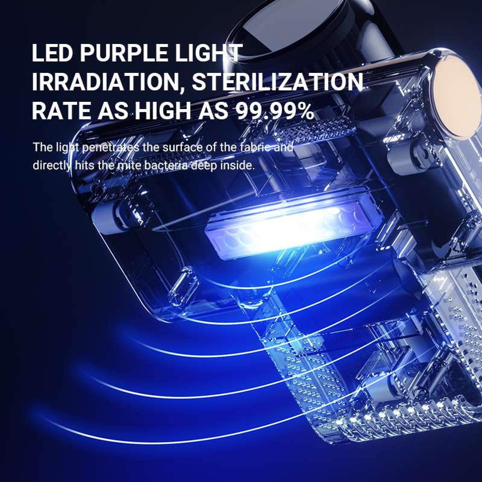 Nahaufnahme eines Geräts mit violettem Licht, Text sagt LED-Lila-Lichtbestrahlung, Sterilisationsrate bis zu 99,99%.