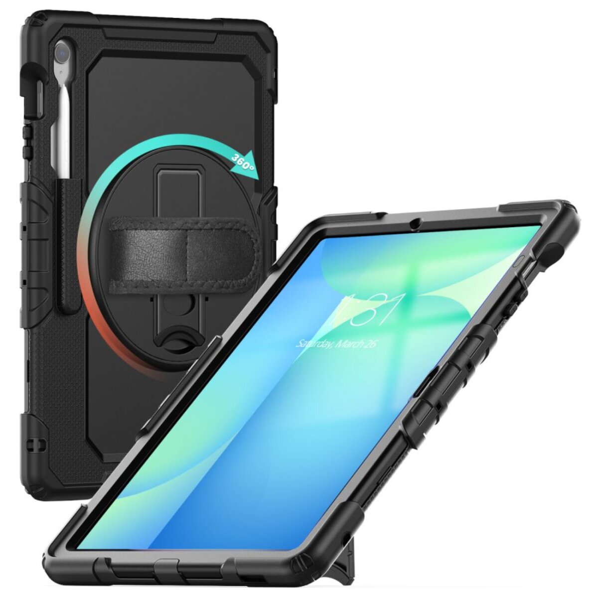 Schwarze Tablethülle mit integriertem Ständer. Das Tablet zeigt einen blauen Bildschirm mit einer Uhr. Ein Stift wird an der Seite gehalten.