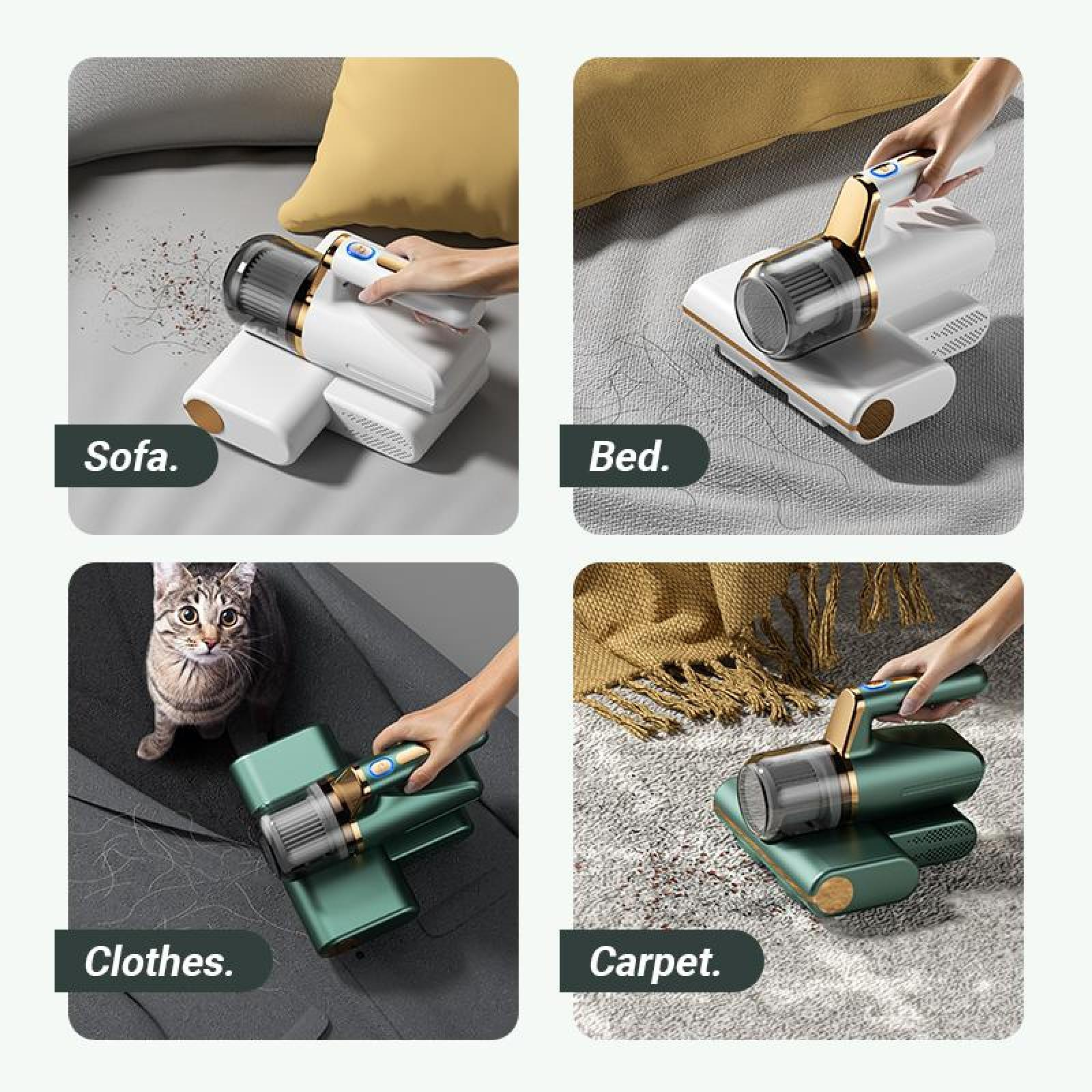 Vier Bilder zeigen einen Staubsauger, der ein Sofa, ein Bett, Kleidung und einen Teppich reinigt. Eine Hand hält jeden Staubsauger.