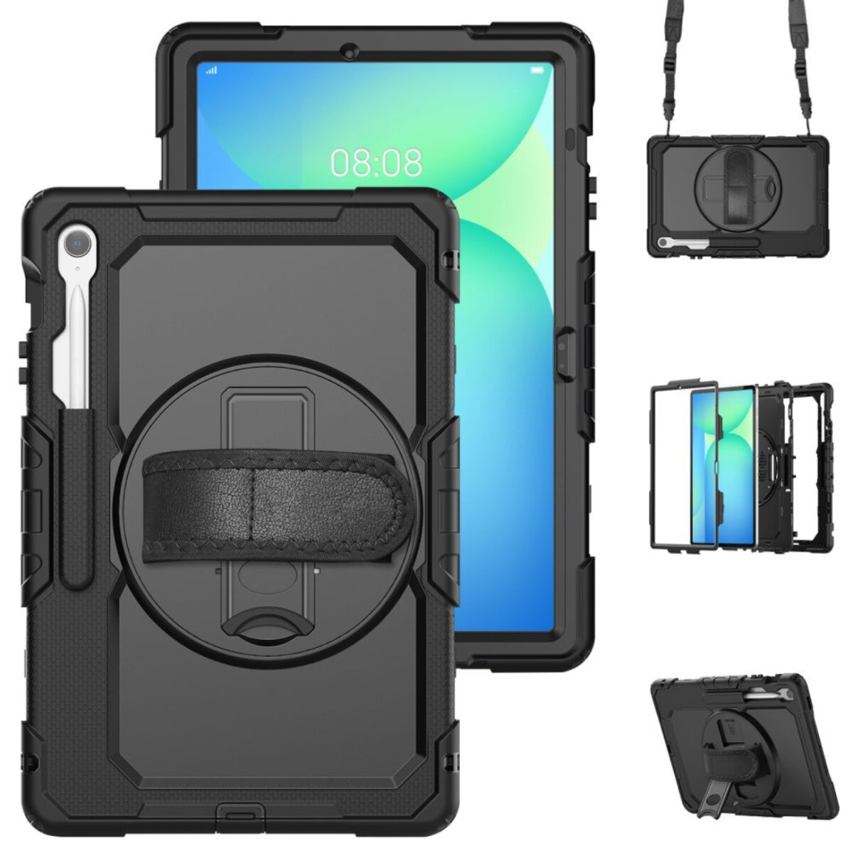 Schwarze Tablet-Hüllen mit Displayschutz und Zubehör. Tablet-Bildschirm zeigt 08:08. Inklusive Handschlaufe und Ständer.