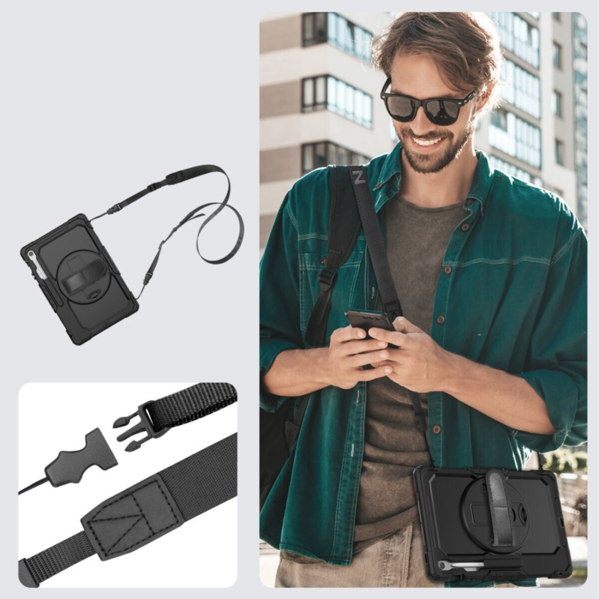 Ein Mann mit Sonnenbrille hält ein Telefon. Eine schwarze Tablet-Hülle mit Riemen wird gezeigt. Es gibt eine Nahaufnahme der Gurtteile.