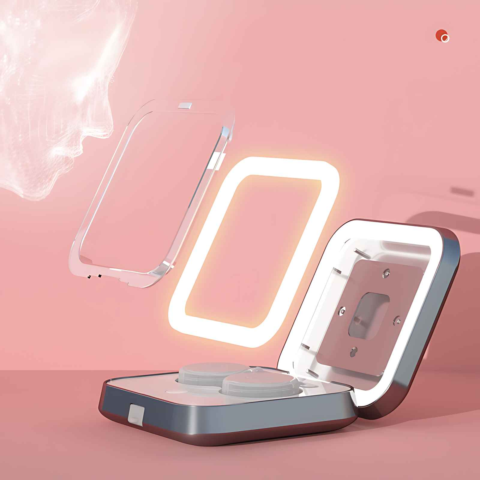 Geöffnete Kontaktlinsenbox mit Licht, transparentem Deckel und rosa Hintergrund. Ein Gesichtsumriss ist im Hintergrund.