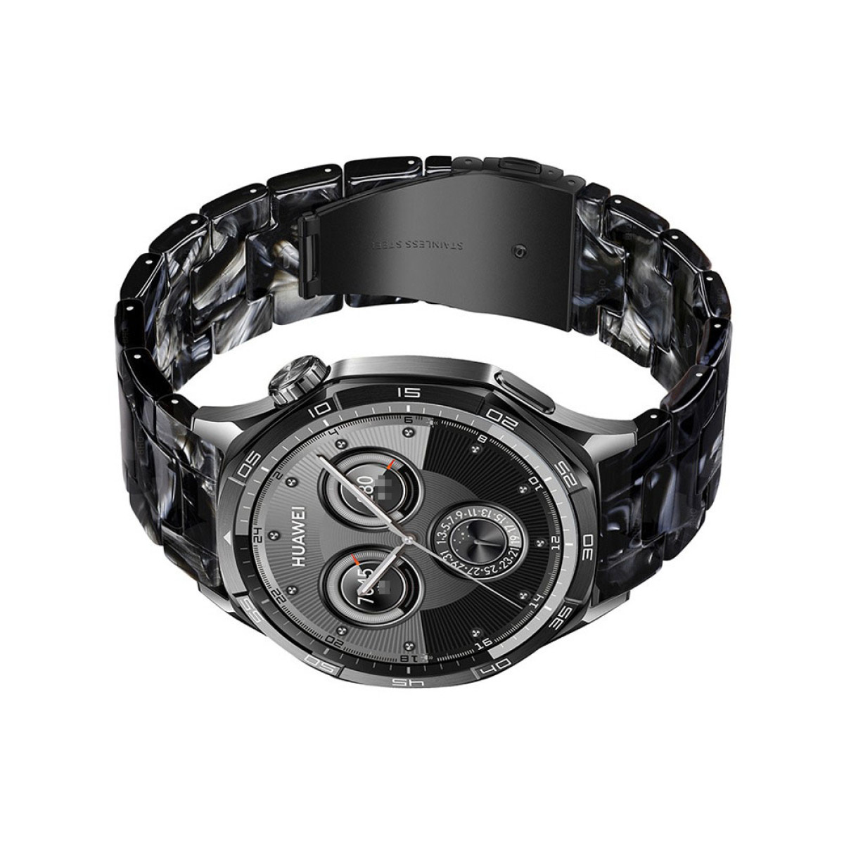 Eine Huawei-Smartwatch mit einem schwarz-grau marmorierten Armband und Zifferblatt. Die Uhr zeigt die Uhrzeit und das Datum an. Edelstahl.
