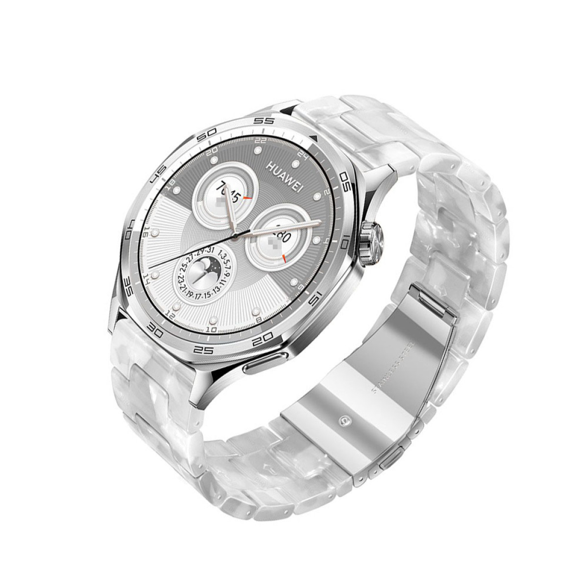 Uno smartwatch Huawei con cassa argentata e cinturino trasparente marmorizzato. Il quadrante mostra l'ora e altri dati, isolato su bianco.