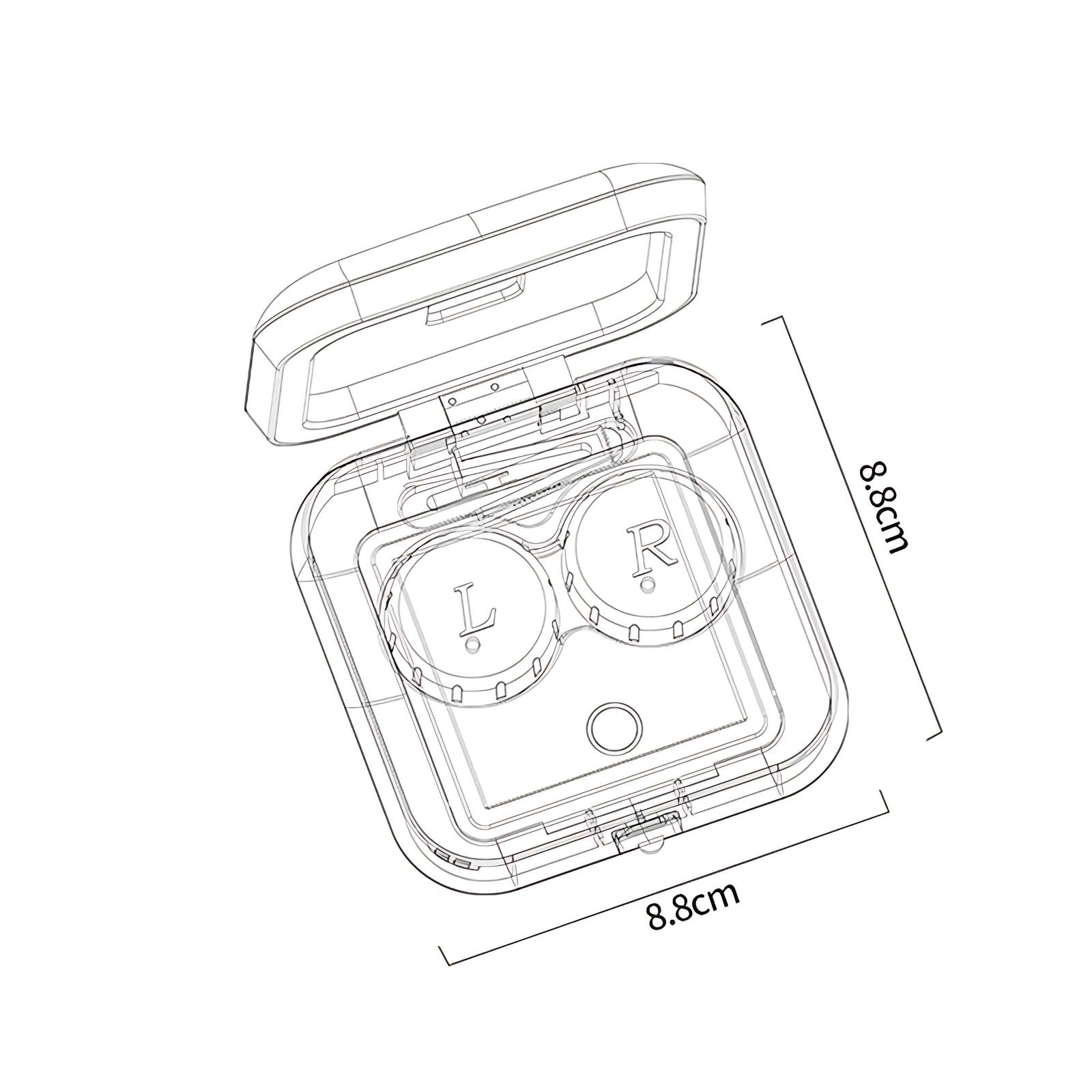 Geöffnete Kontaktlinsenbox, schwarze Umrisse auf weißem Hintergrund, mit 'L'- und 'R'-Anzeigen und Abmessungen von 8,8 cm.