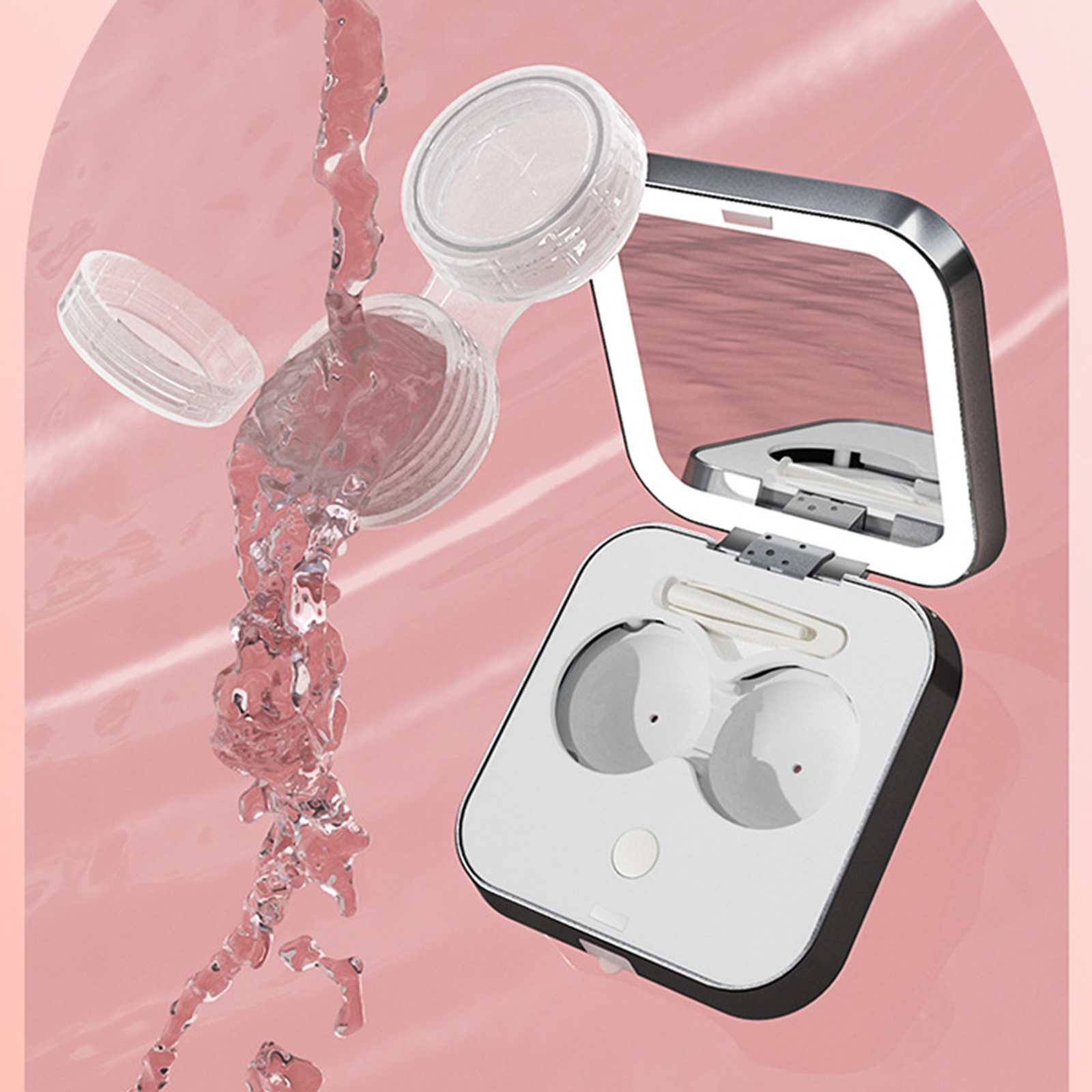 Kontaktlinsenbehälter mit Spiegel, klare Flüssigkeit gießt aus dem Behälter. Rosa Hintergrund mit weißen und silbernen Elementen.
