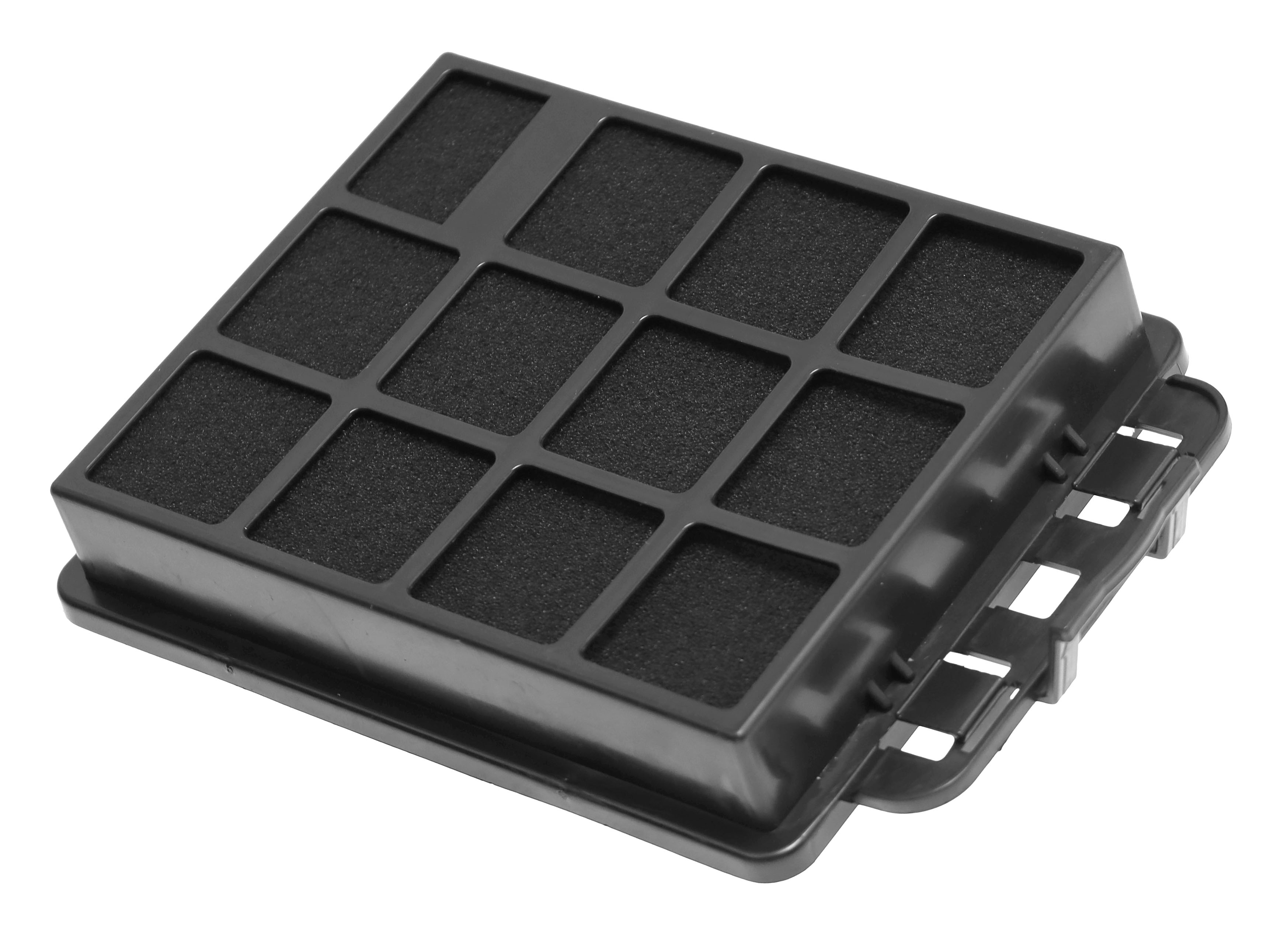 Ein schwarzer Luftfilter mit Gittermuster, gefüllt mit dunklem Filtermaterial. Er hat eine rechteckige Form.