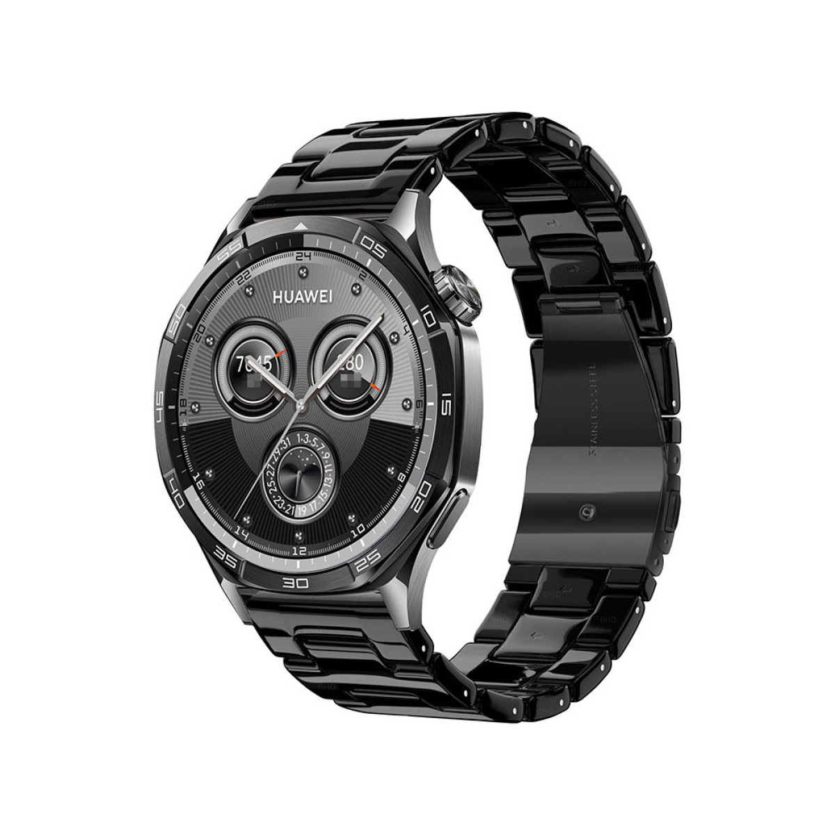 Eine schwarze Huawei-Smartwatch mit Edelstahlarmband. Das Zifferblatt zeigt Zahlen und Indikatoren.