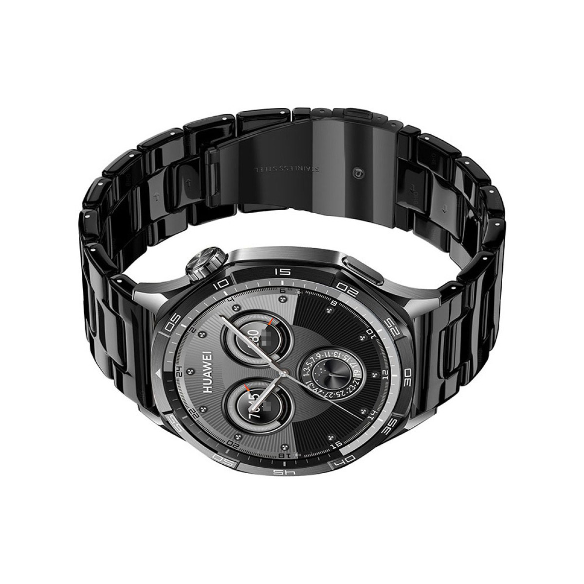 Eine schwarze Huawei-Smartwatch mit Edelstahlarmband. Das Zifferblatt zeigt Zahlen und zwei runde Anzeigen.