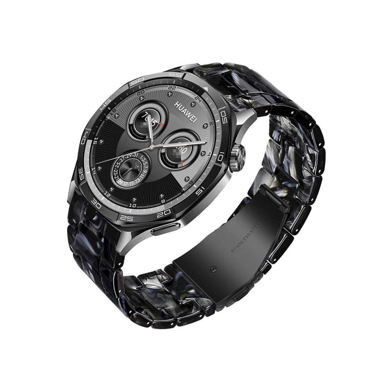 Eine Huawei-Smartwatch mit schwarzem und grauem Zifferblatt und einem gemusterten schwarzen Armband. Das Zifferblatt zeigt Zeit und Datum.