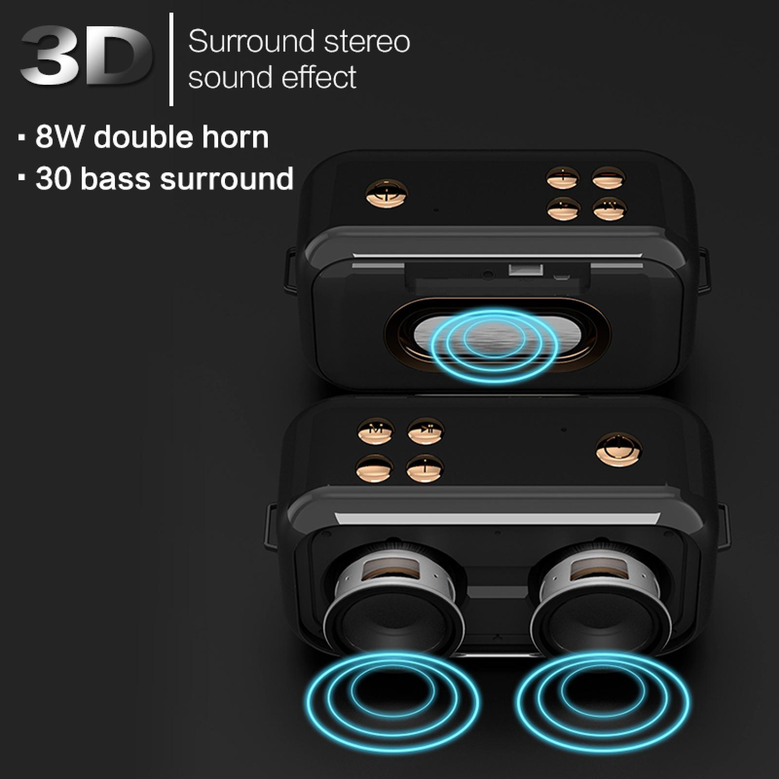 Schwarzer Lautsprecher mit goldenen Knöpfen und blauen Schallwellen. Text: 3D, Surround-Stereo-Soundeffekt, 8W Doppelhorn, 30 Bass Surround.
