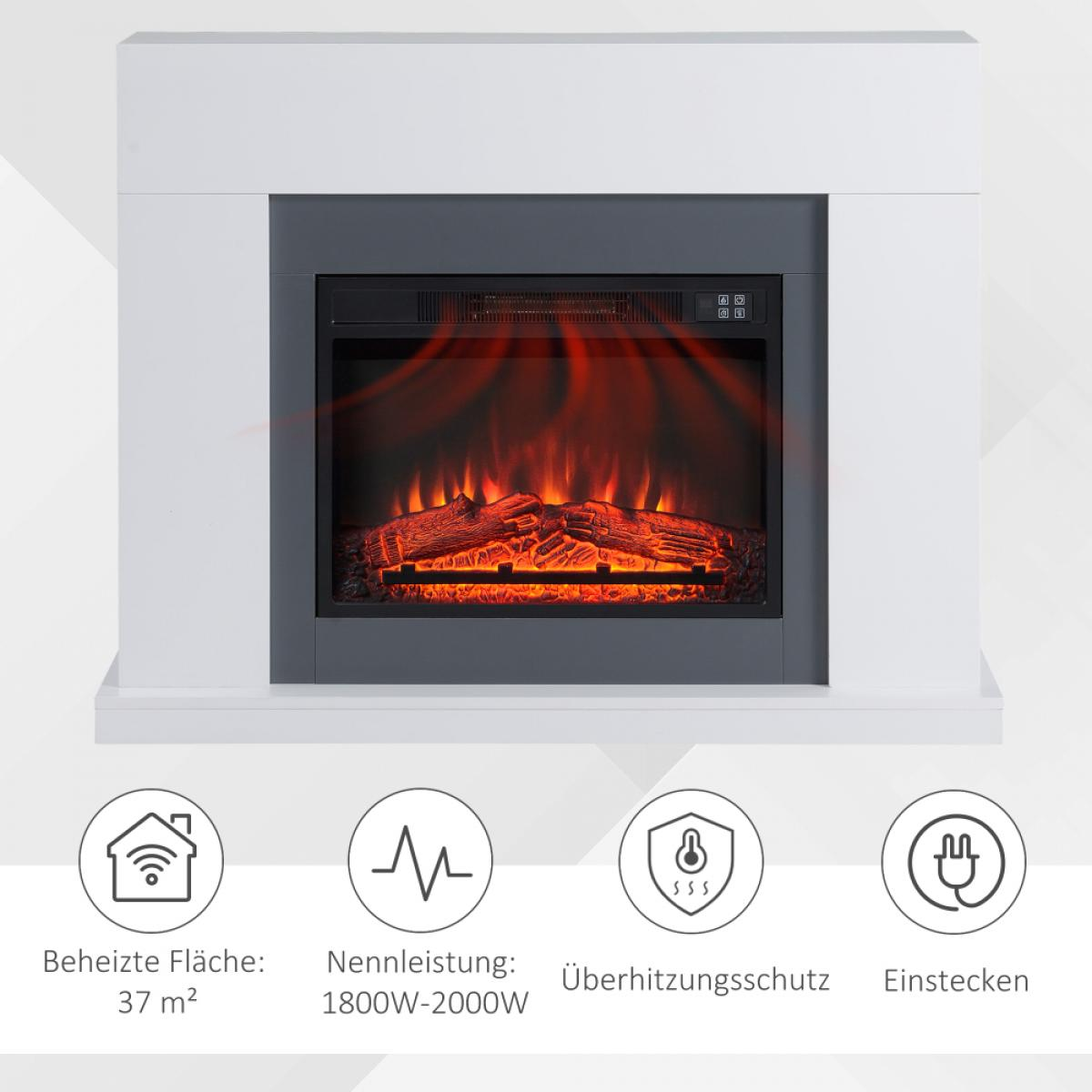Ein weißer und grauer Elektrokamin mit leuchtendem Feuereffekt. Symbole unten zeigen Heizfläche, Leistung, Überhitzungsschutz und Stecker.