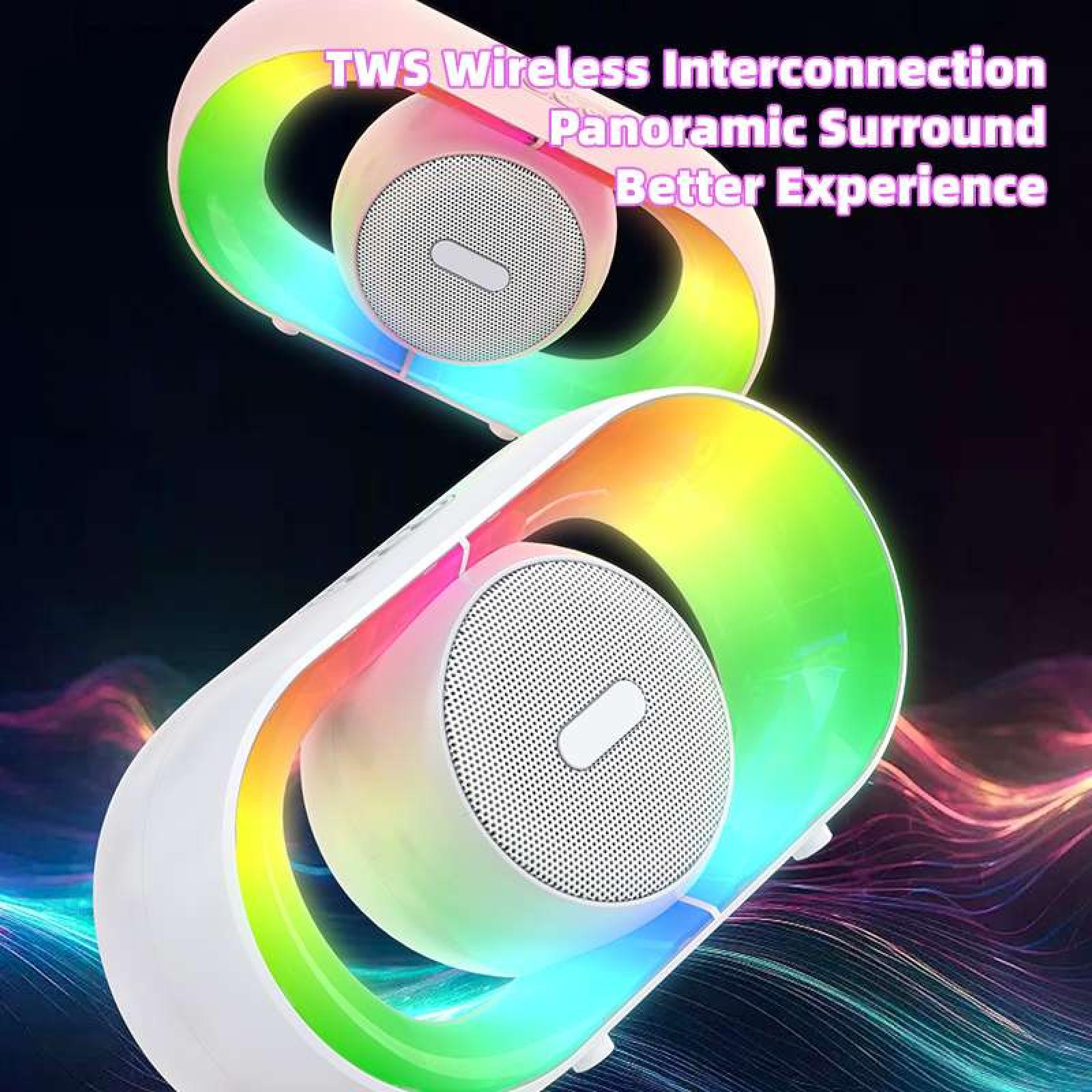 Zwei kabellose Lautsprecher mit Regenbogen-LED-Leuchten. Die Lautsprecher sind weiß und rosa. Der Hintergrund ist dunkel mit bunten Wellen.