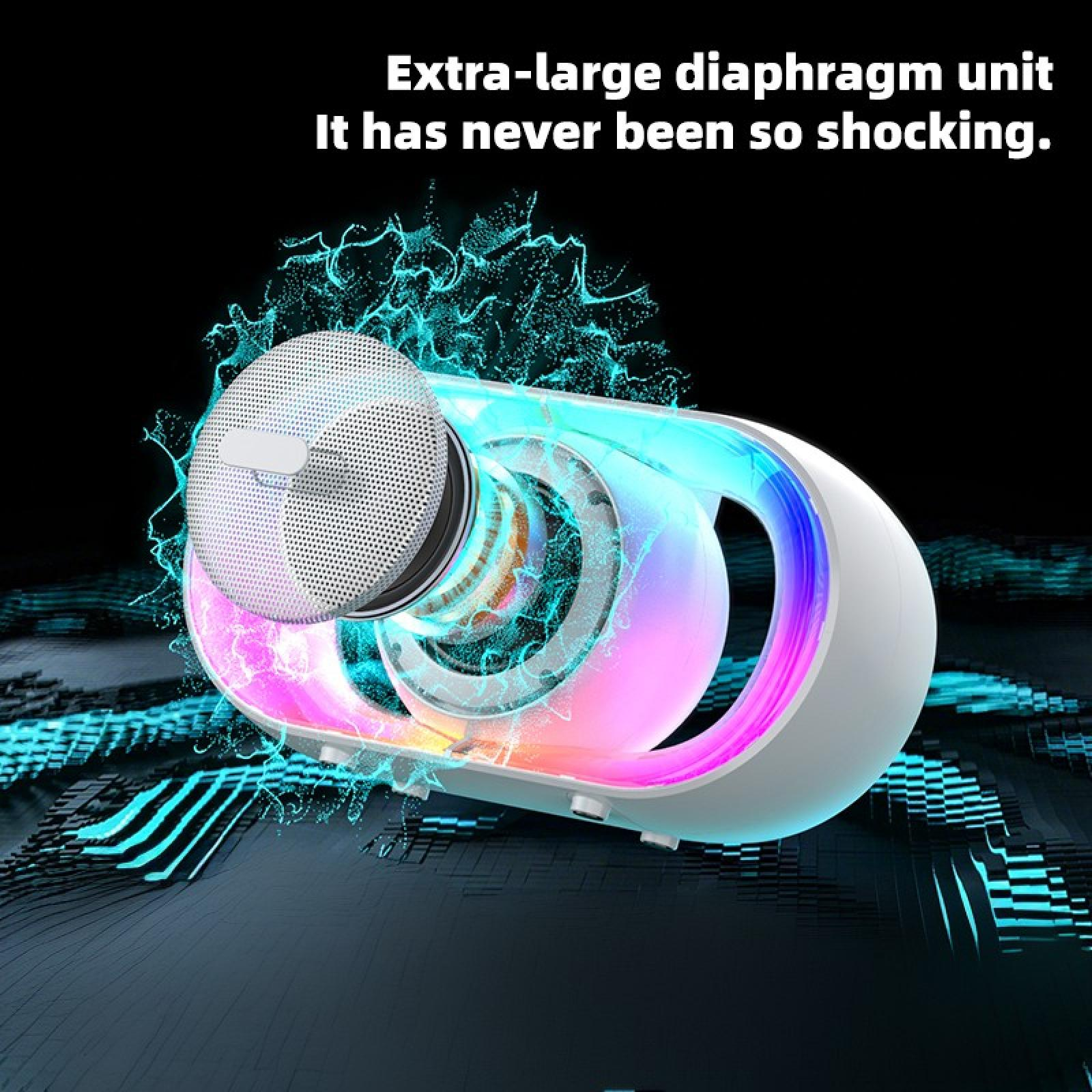Eine weiße und silberne Lautsprecherkomponente mit bunten Lichtern und blauen energieartigen Effekten.
