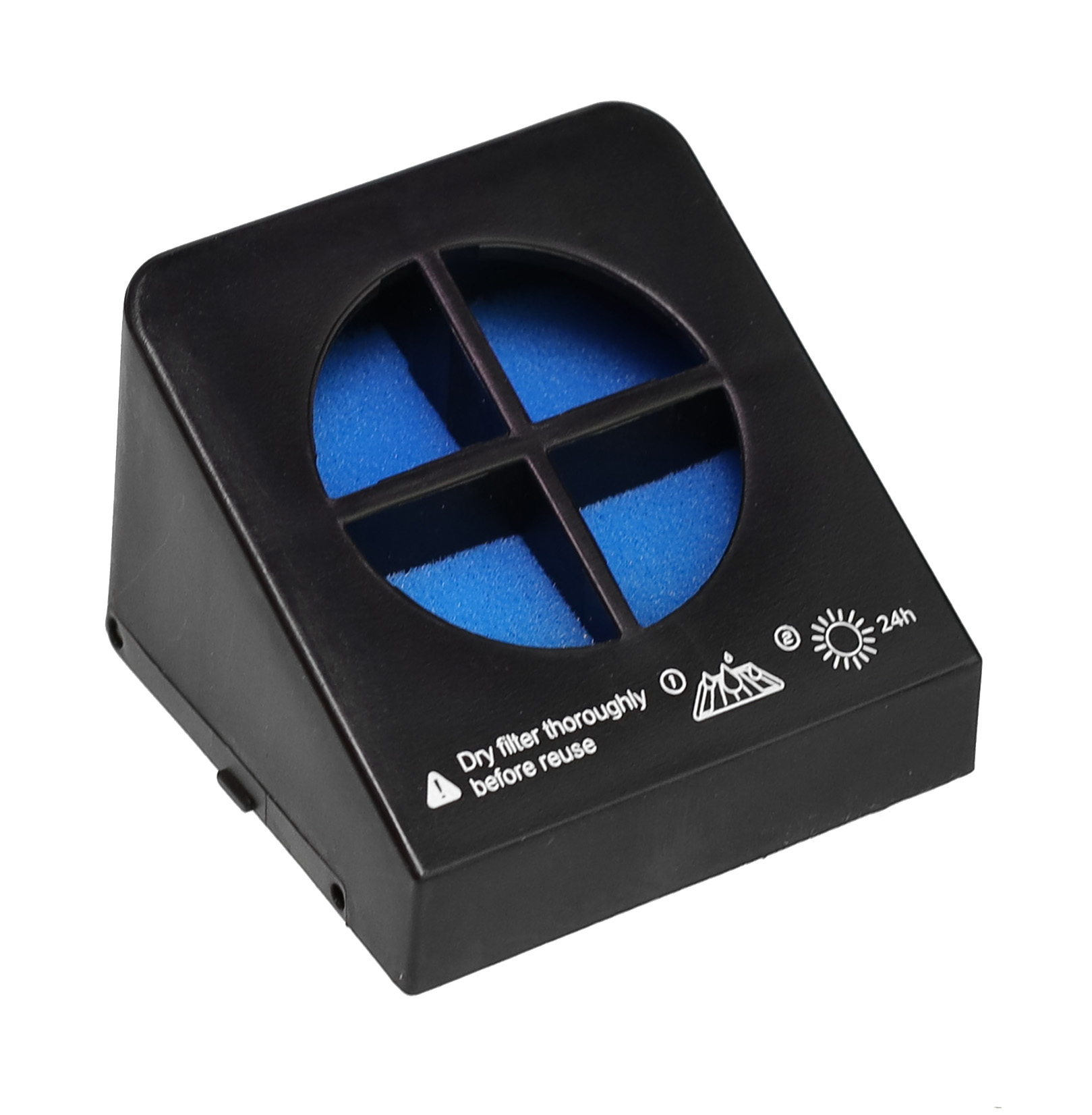 Schwarzer Luftfilter mit blauem Filter. Warnung: Vor Wiederverwendung gründlich trocknen.