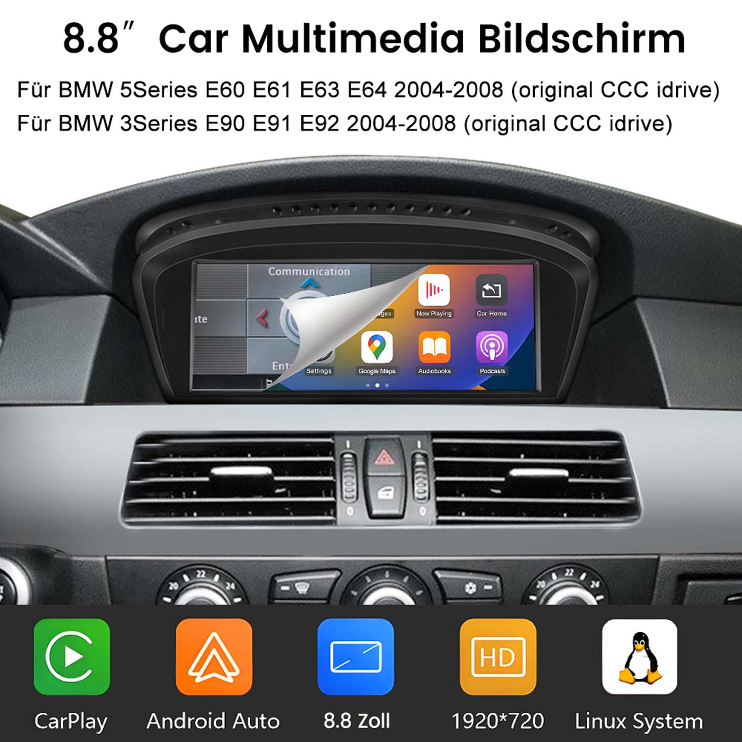 Auto-Multimedia-Bildschirm im BMW-Armaturenbrett mit App-Symbolen. Enthält CarPlay, Android Auto und Linux System-Funktionen.