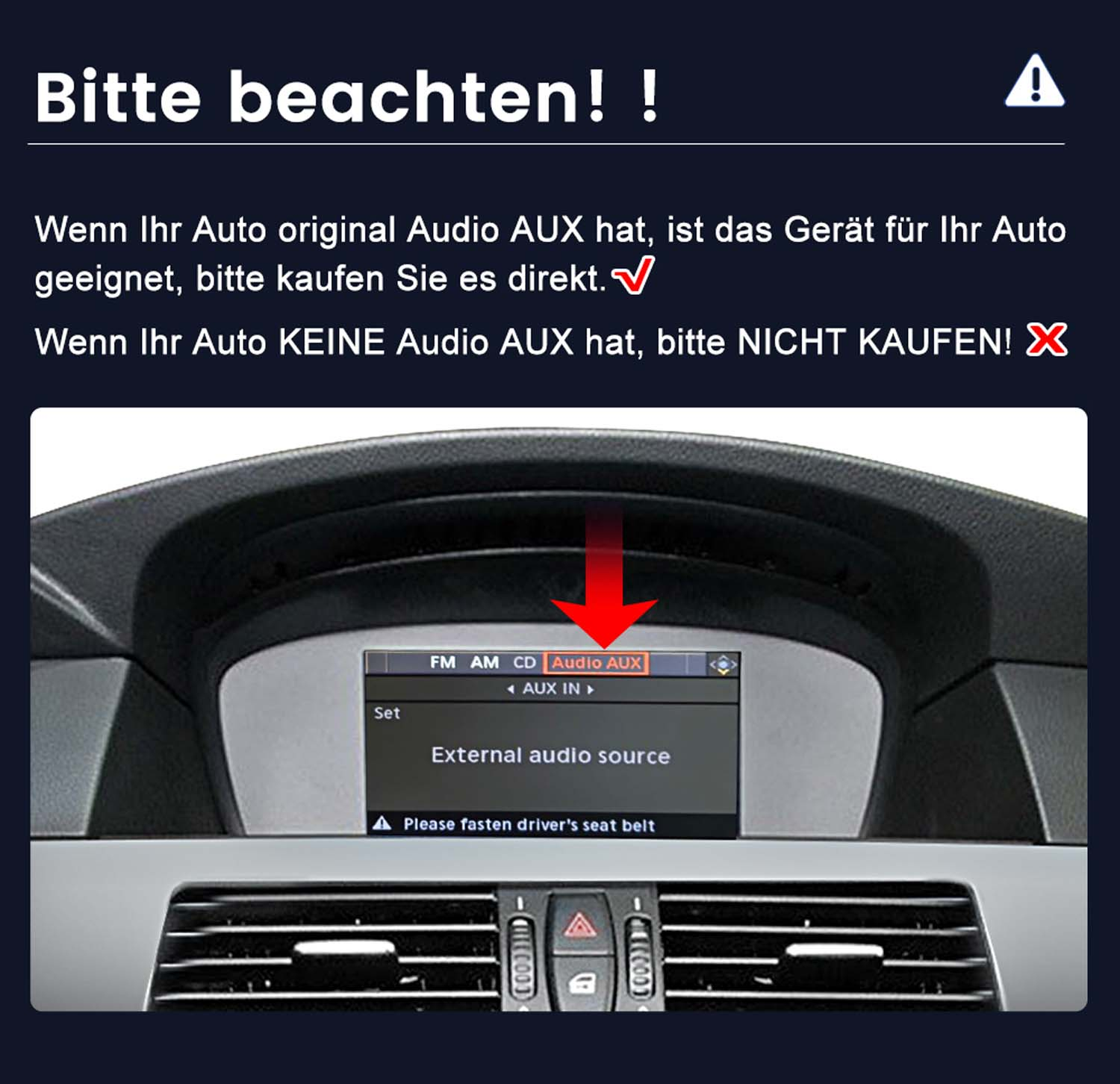 Auto-Armaturenbrett mit AUX-Audio-Option. Text warnt, zu kaufen, wenn das Auto AUX hat, nicht zu kaufen, wenn nicht.