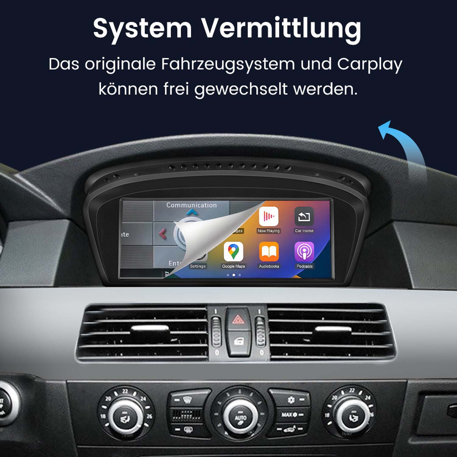 Autoinnenraum mit Bildschirm und App-Symbolen. Text: 'System Vermittlung'. Blauer Pfeil zeigt auf den Bildschirm. Bedienelemente darunter.