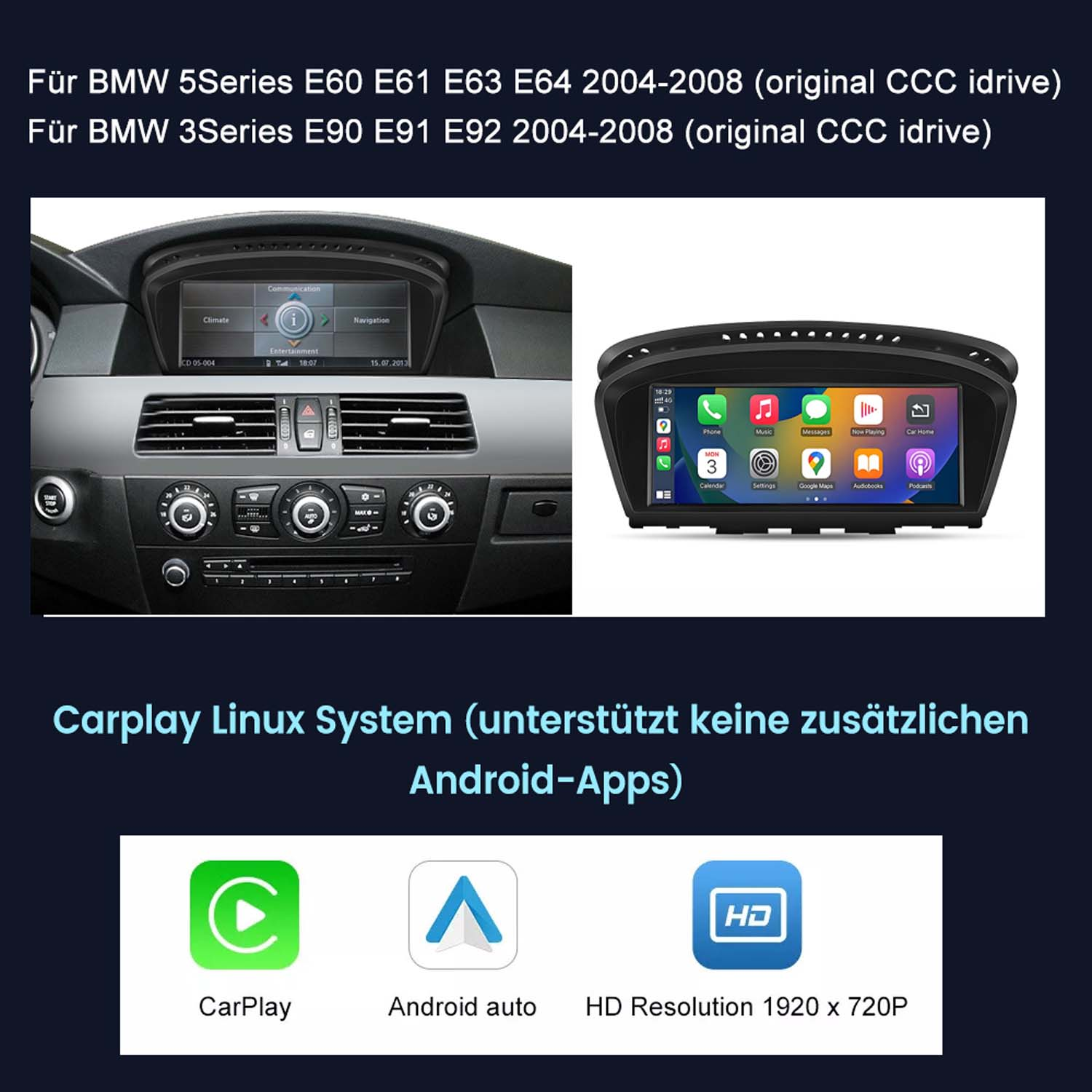 Auto-Display mit Klima, Navigation und CarPlay-Optionen. Enthält Symbole für CarPlay, Android Auto und HD-Auflösung.