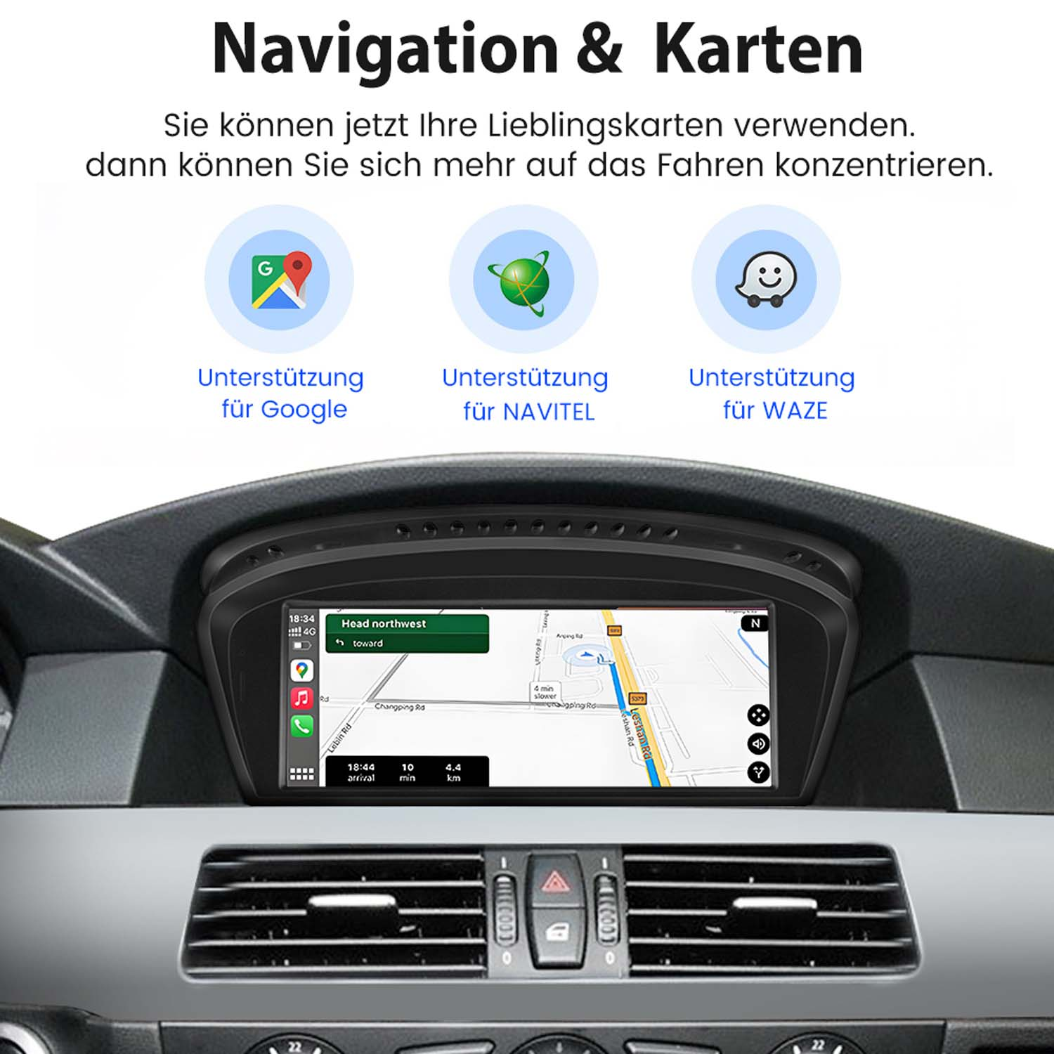 Auto-Navigationssystem-Bildschirm mit Karte und Symbolen für Google, Navitel und Waze. Armaturenbrett und Innenraum sichtbar.