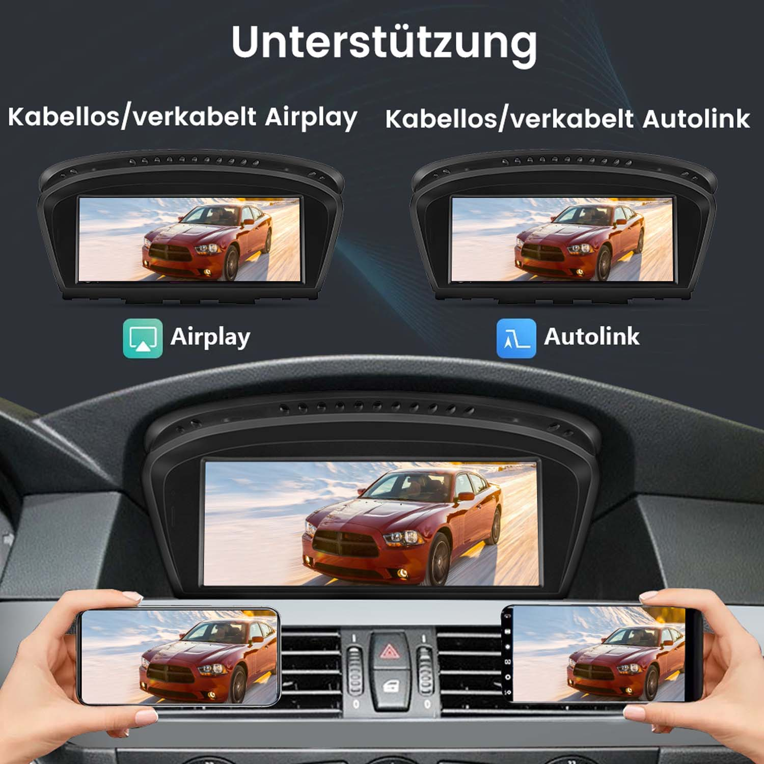 Autoinstrumententafel zeigt Autobilder. Text oben: 'Unterstützung'. Airplay- und Autolink-Symbole sind sichtbar.