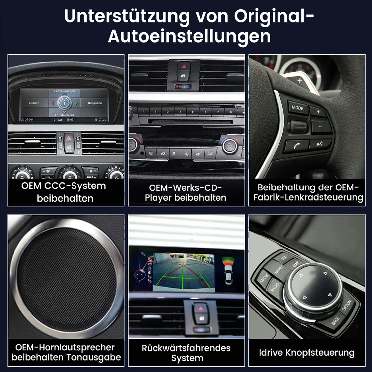 Das Bild zeigt Komponenten des Fahrzeuginnenraums, darunter ein Bildschirm, CD-Player, Lenkradbedienung, Lautsprecher und iDrive-Knopf.
