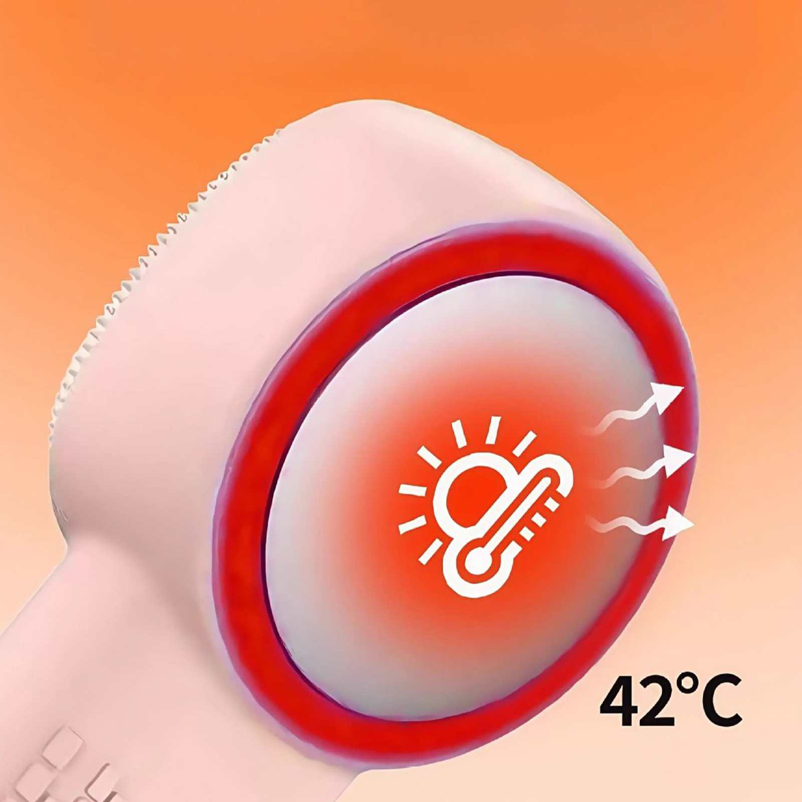 Nahaufnahme eines rosafarbenen Geräts mit rotem Ring und Temperatursymbol mit 42°C. Oranger Hintergrund.