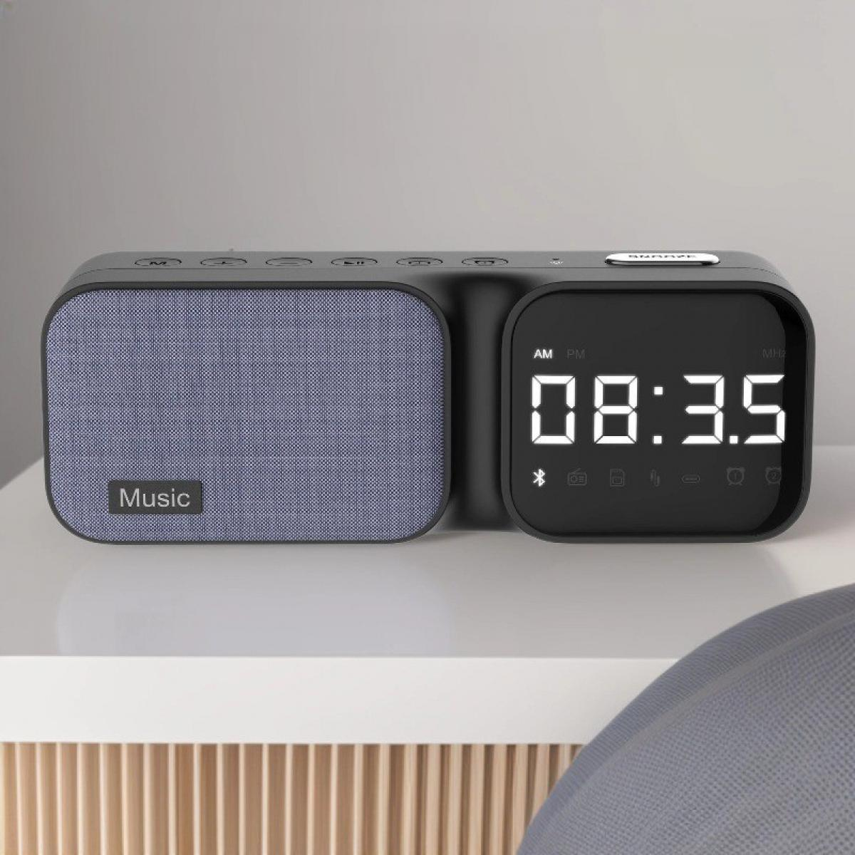 Ein schwarzes Digitalradio mit blauem Lautsprecher. Die Uhr zeigt 08:35 an. Das Wort 'Musik' steht auf dem Lautsprecher.