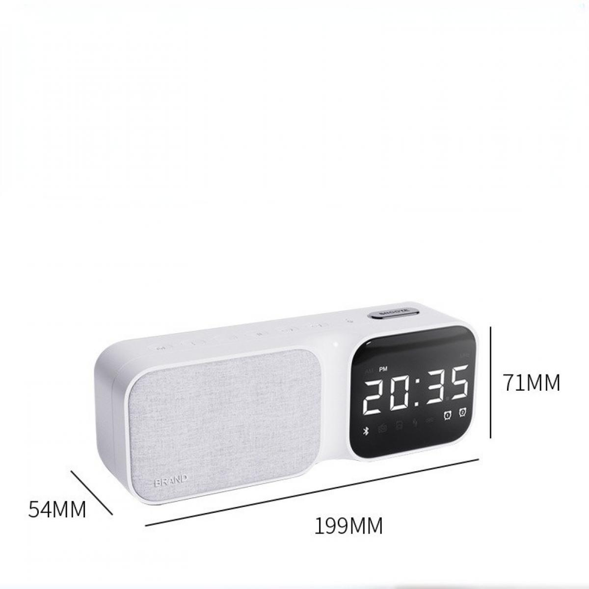 Ein weißer Digitaluhr- und Lautsprecher-Kombination. Die Uhr zeigt 20:35 an. Abmessungen: 199 mm lang, 71 mm hoch, 54 mm breit.