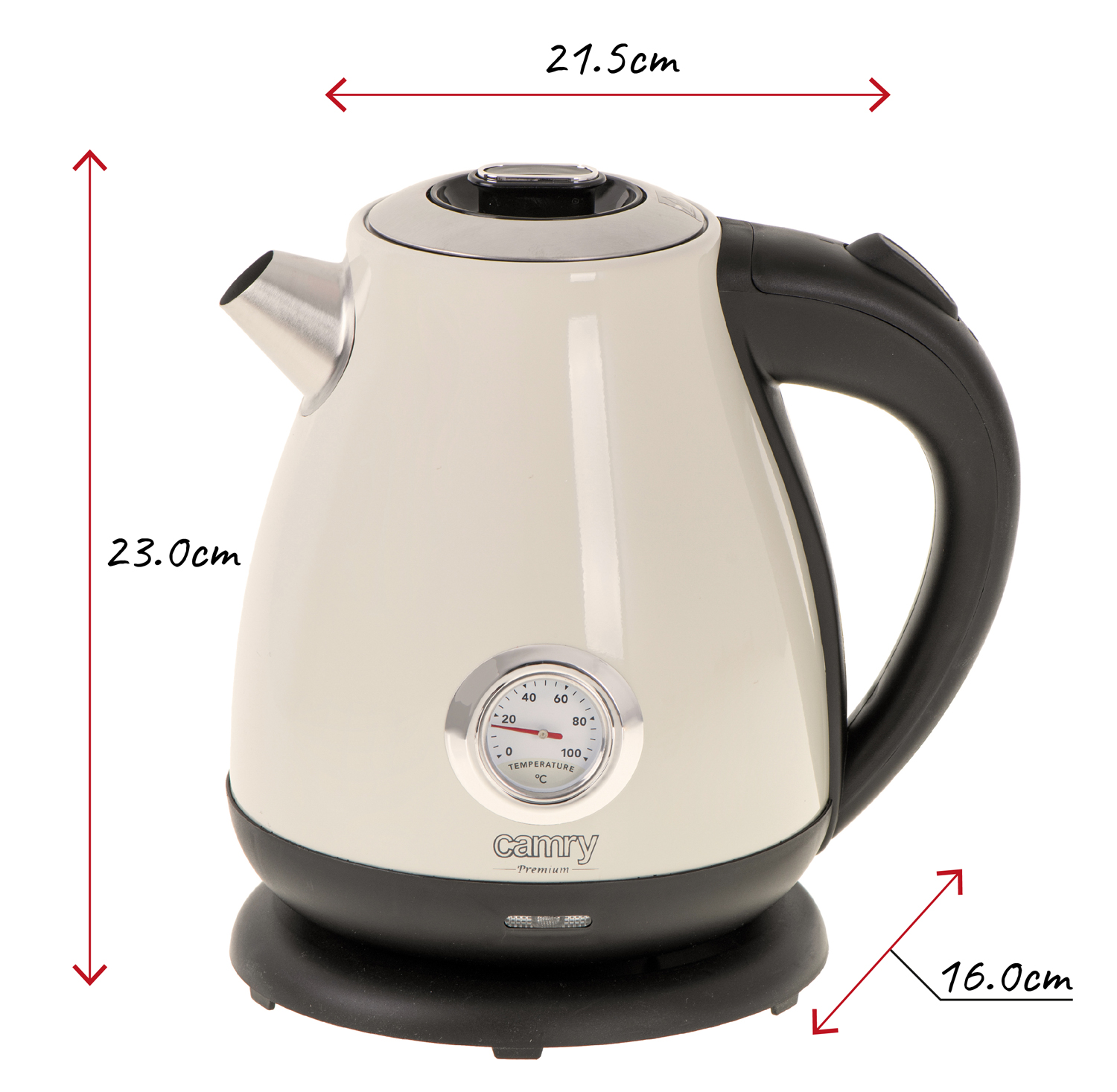 Kremowo-czarny czajnik elektryczny. Posiada wskaźnik temperatury, wylewkę i czarny uchwyt. Wymiary są wskazane.